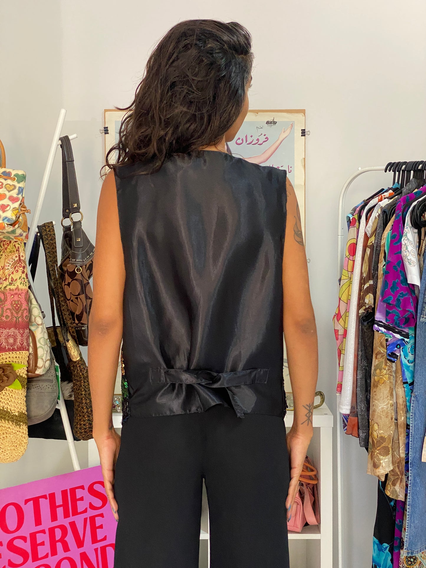 Vintage 80s AJ Bari Black Multicolor Silk Sequin Statement Vest - L