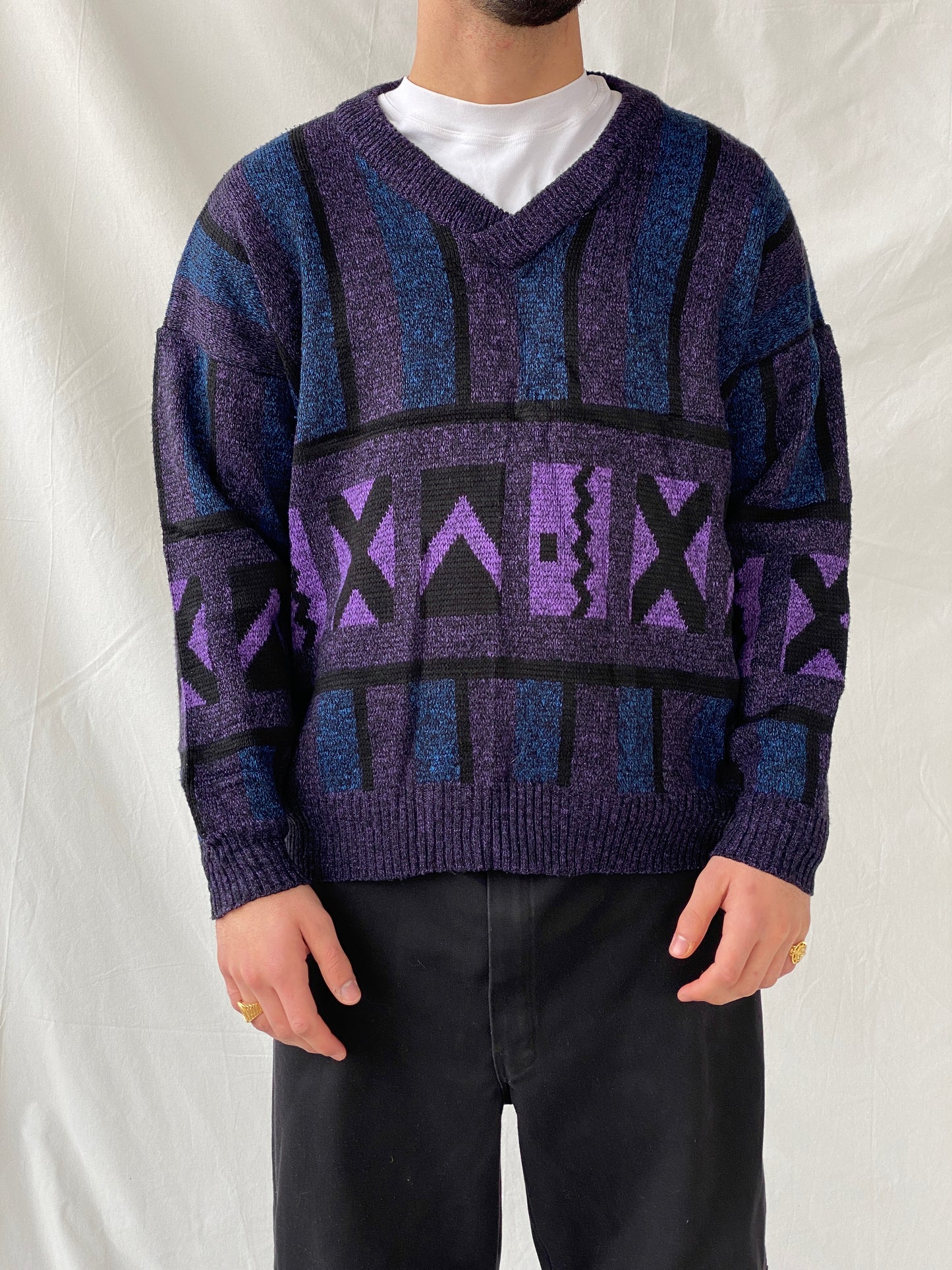 Vintage 80s Pegasus Purple Blue V-Neck Wool Blend Geometric Print Sweater - M