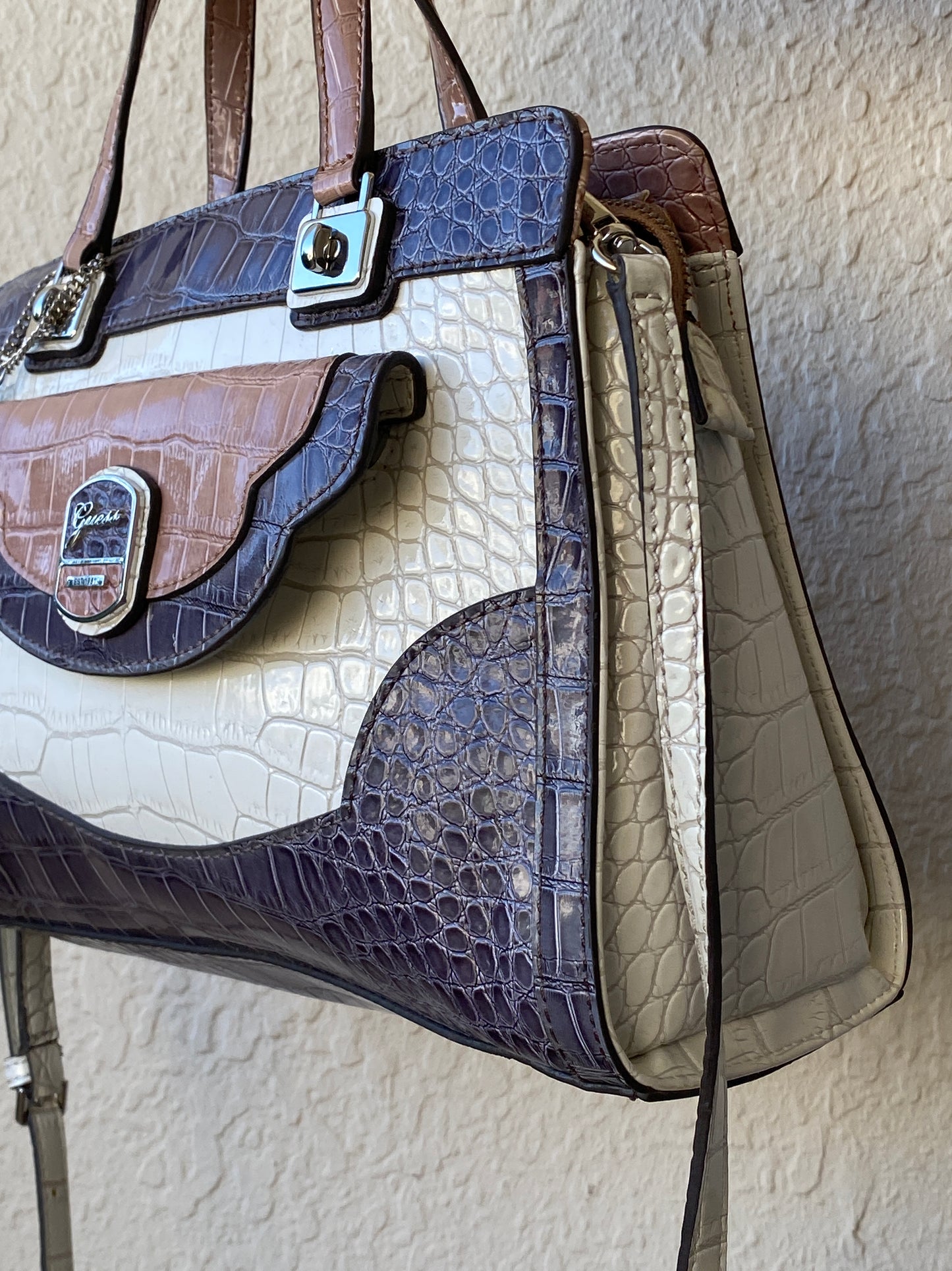 GUESS Croc-Embossed Tri-Color Satchel Handbag with Crossbody Strap