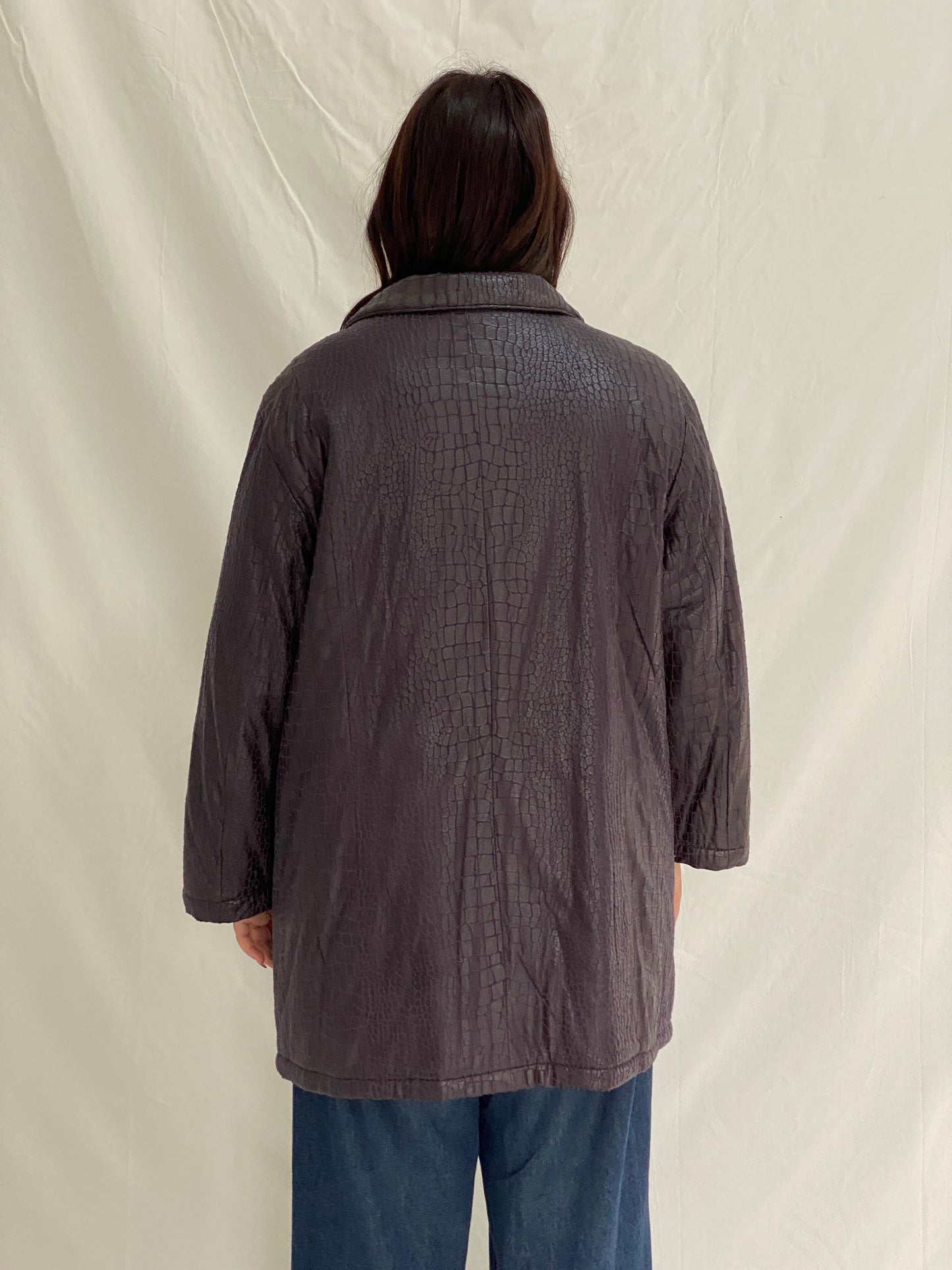 Vintage Purple Croc-Embossed Textured Longline Jacket Button-Up Coat - L