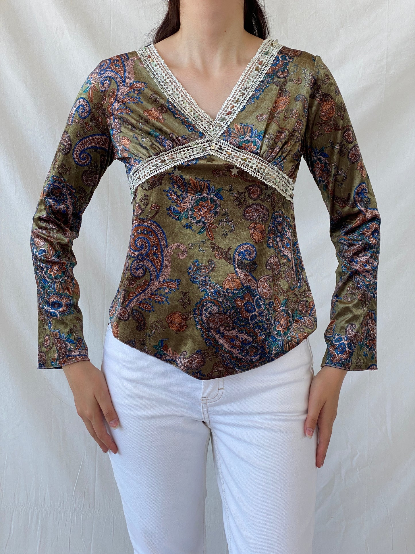 Vintage KLIMAN Collection Green Velvet Paisley Print Beaded Boho Long Sleeve Women’s Top - L