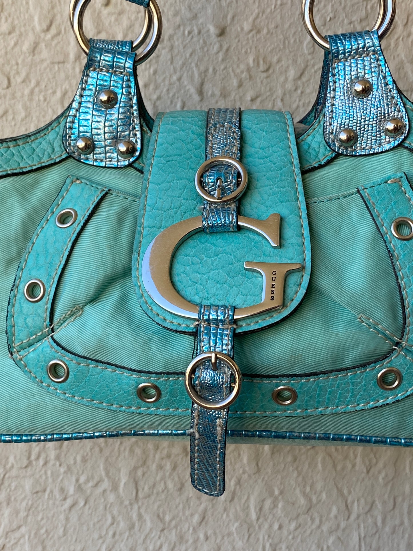 Vintage Y2K Guess Turquoise Satchel Bag with Logo G Hardware & Studded Trim Purse