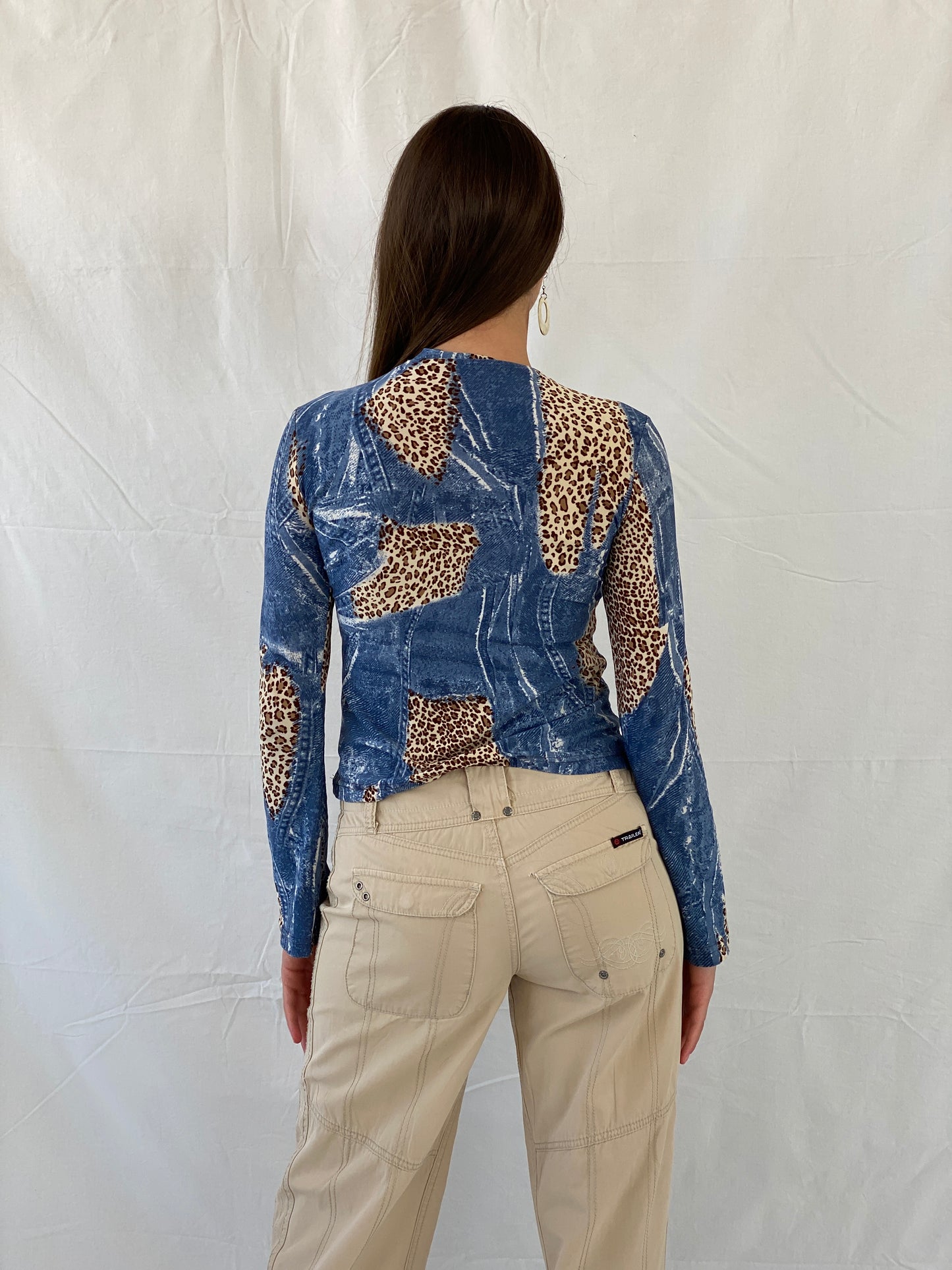 Vintage Denim and Animal Print Long Sleeve Top - S