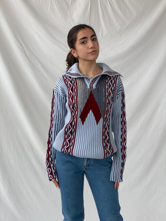 سترة ثقيلة محبوكة ثنائية اللون للنساء باللون الأزرق - مقاس متوسط