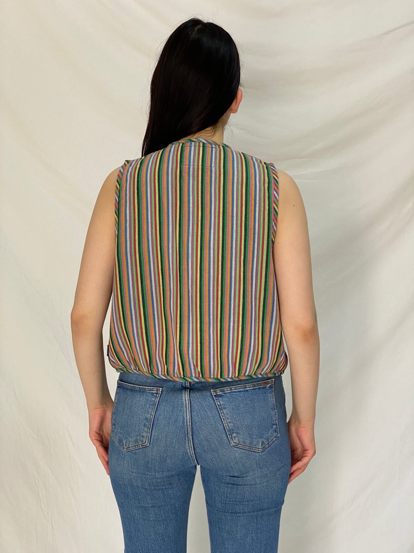 Vintage Esprit 100% Cotton Guatemalan Striped Vest Rainbow Boho Hippie Festival Open Front Waistcoat – M