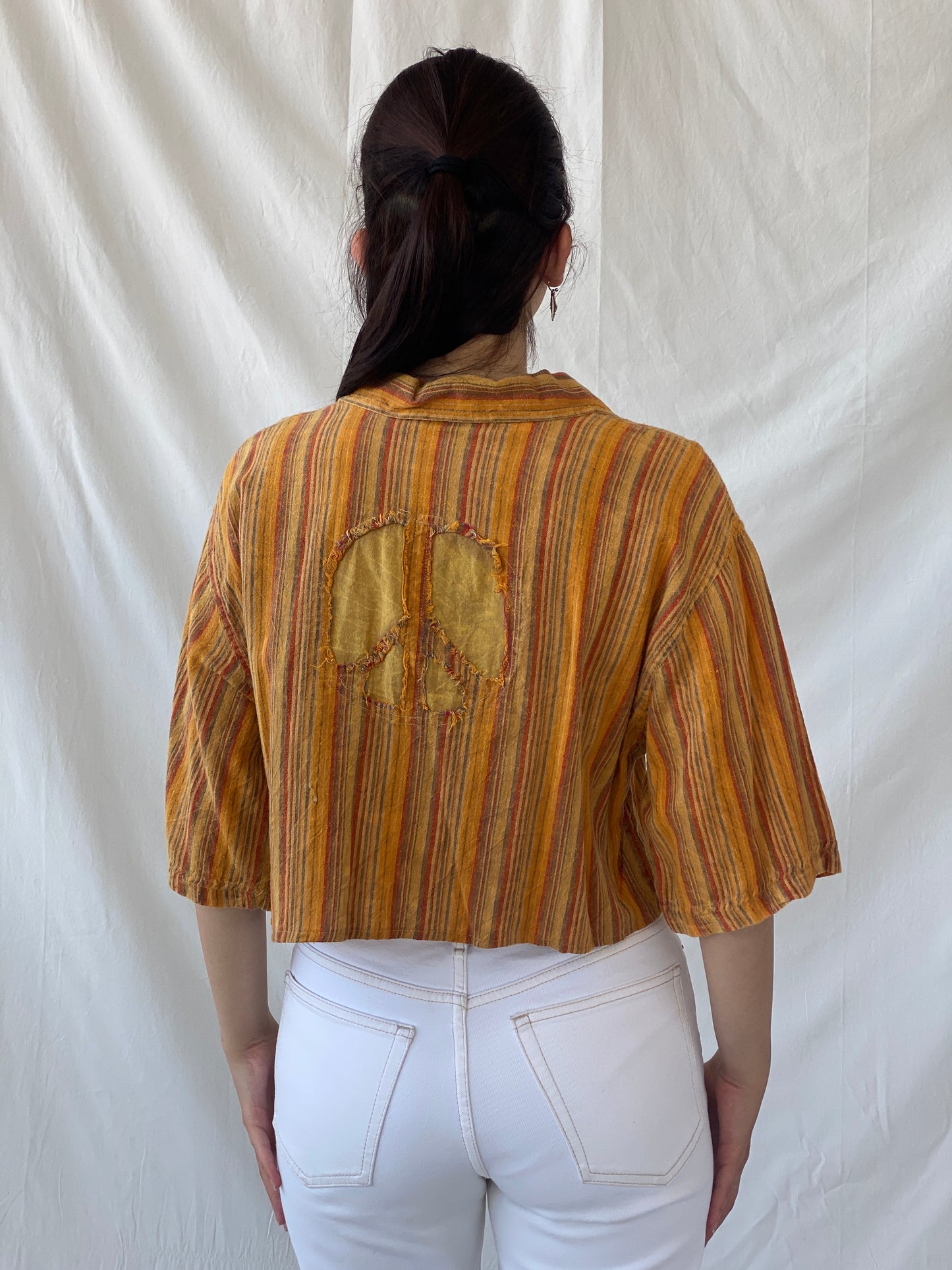 Vintage Kathmandu Imports Orange Striped Cropped Short Sleeve Shirt - M
