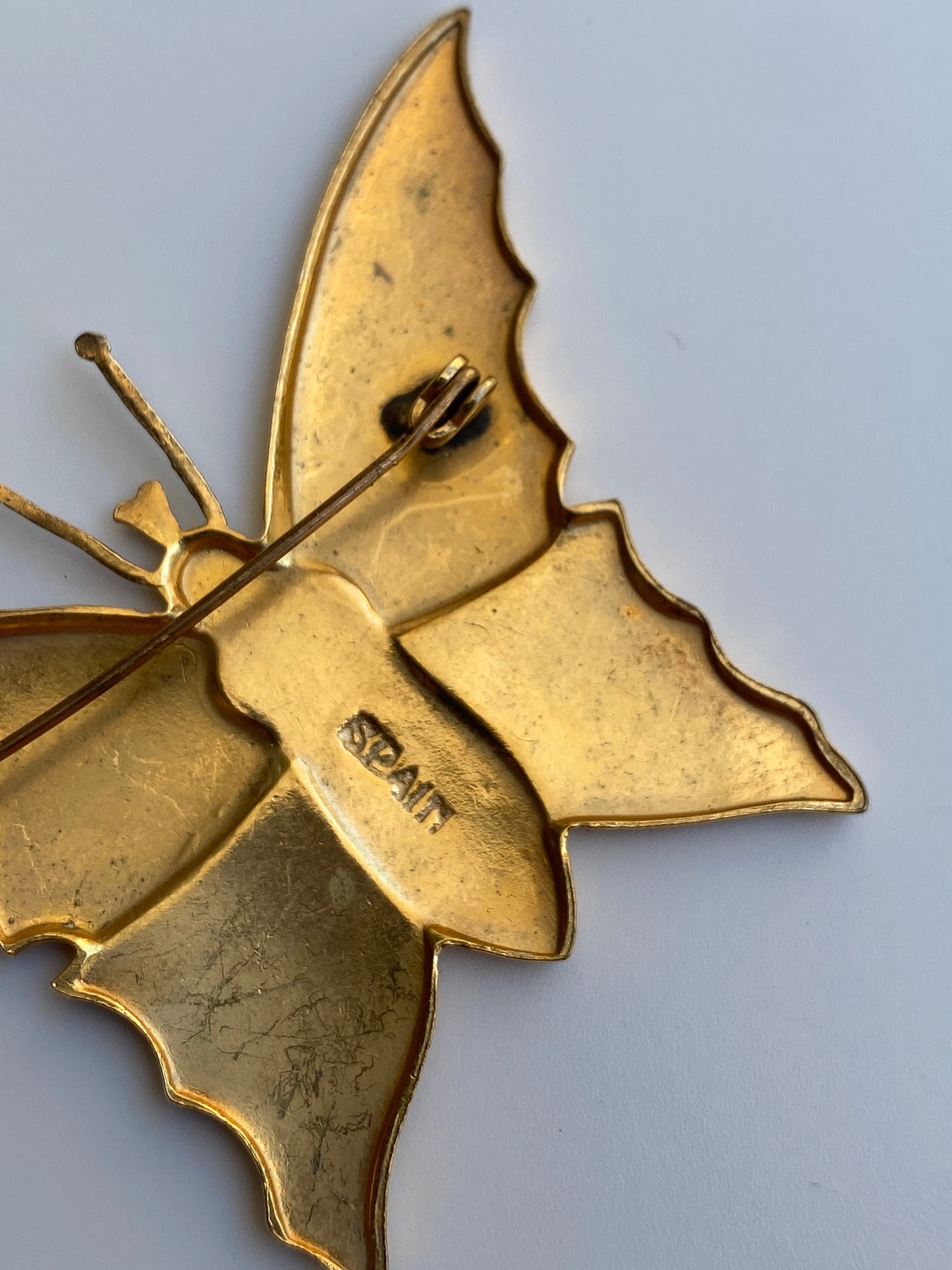 Vintage Spanish Damascene Style Butterfly Brooch Gold & Black Enamel Floral Pin