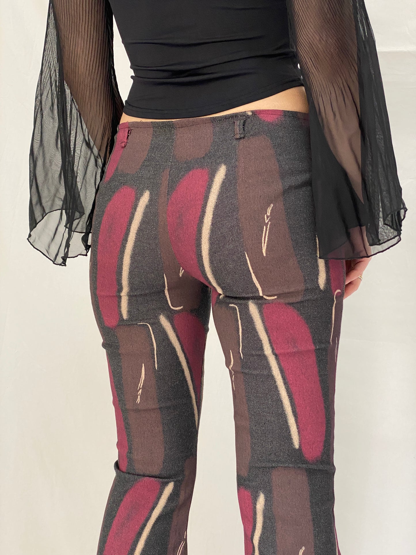 Vintage RECHE Abstract Art Flared Brown Burgundy Graphic Denim Pants - 38EU