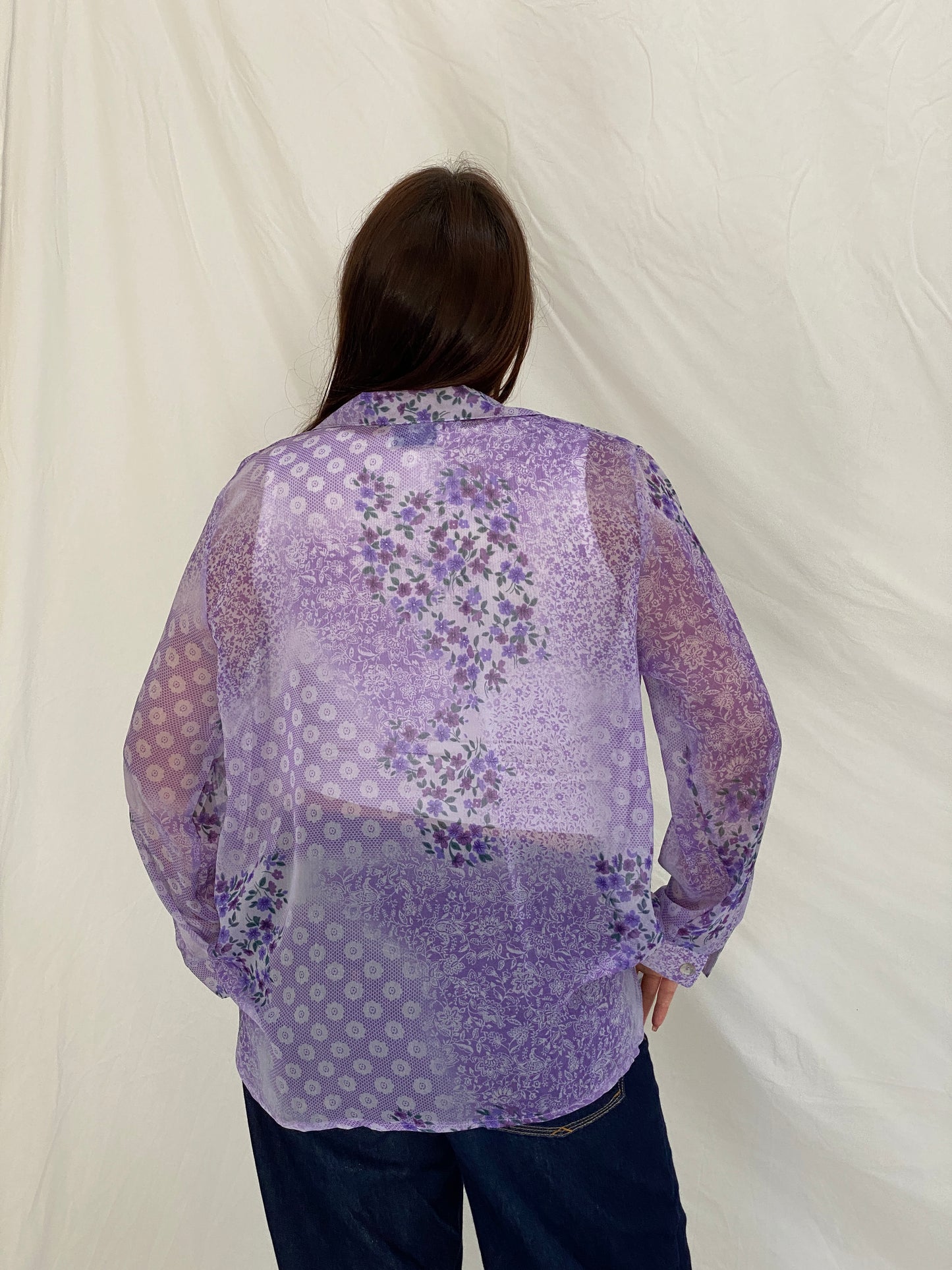 Vintage 90s Lighthouse Point Purple Sheer Floral Button-Up Blouse - L