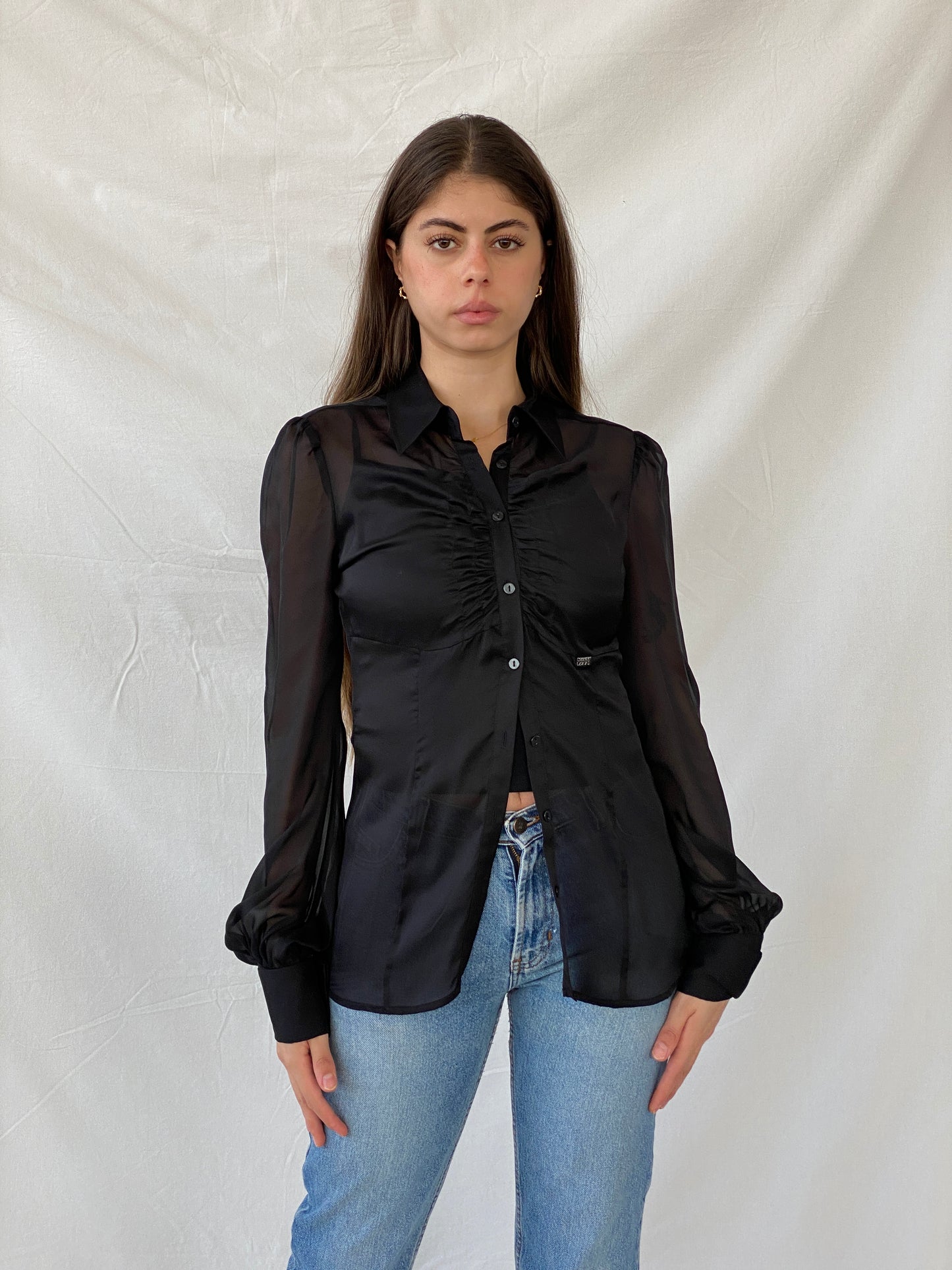 بلوزة Miss Sixty Diamond Sheer Black بأكمام مبالغ فيها - M