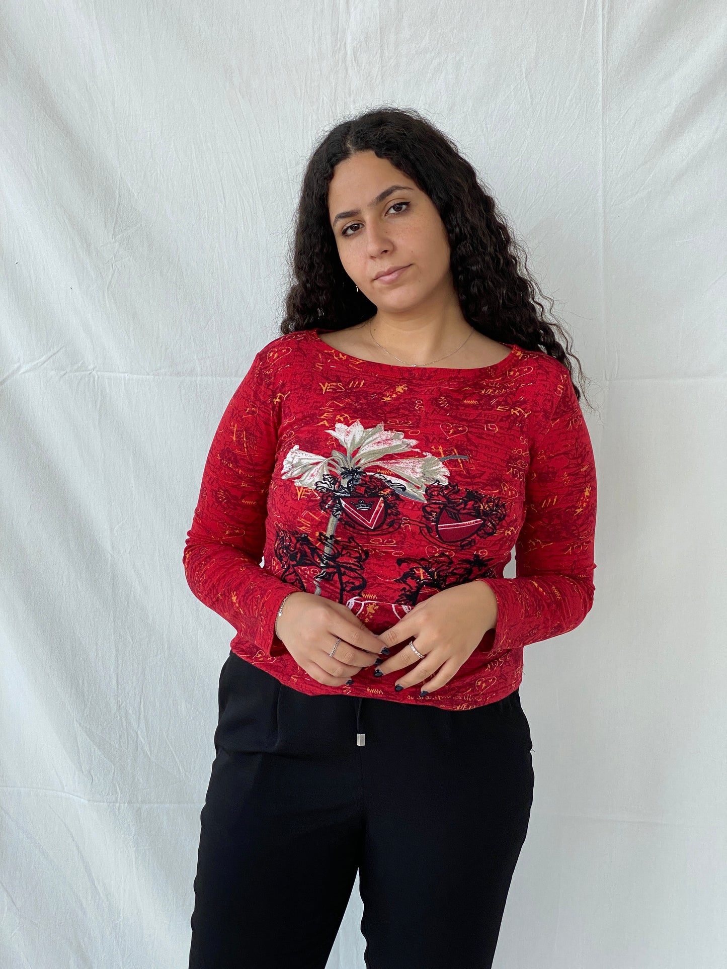 بلوزة نسائية بأكمام طويلة من Vintage 00s Street One باللون الأحمر برسومات شبكية - مقاس كبير