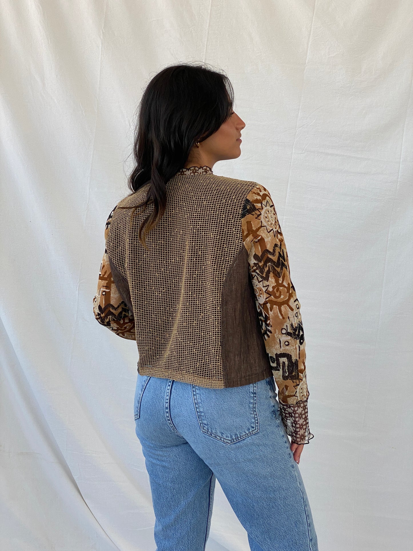 كارديجان شبه شبكي بسحاب بطبعة بوهو بني من التسعينيات - مقاس كبير جدًا