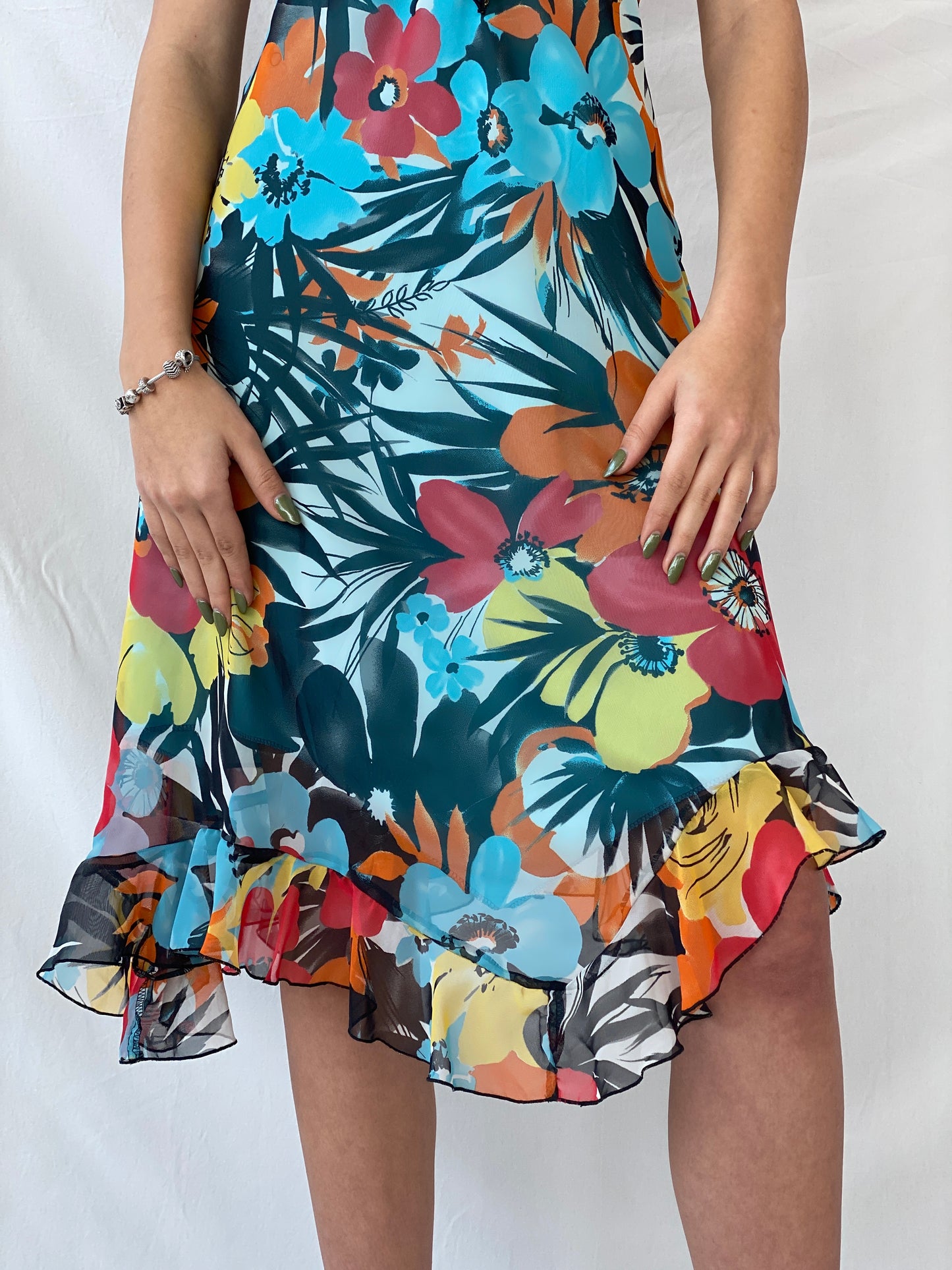 Y2K Floral Blue & Orange Ruffled Midi Dress - M