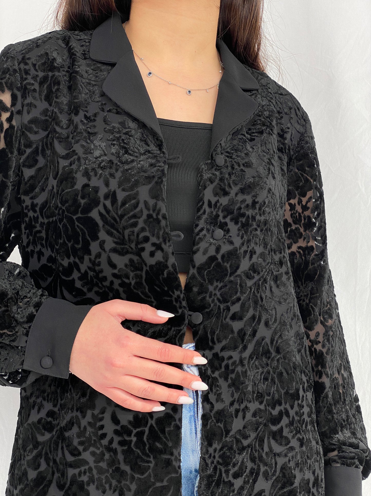 Vintage NYGÅRD Collection Black Velvet & Sheer Women’s Shirt - L