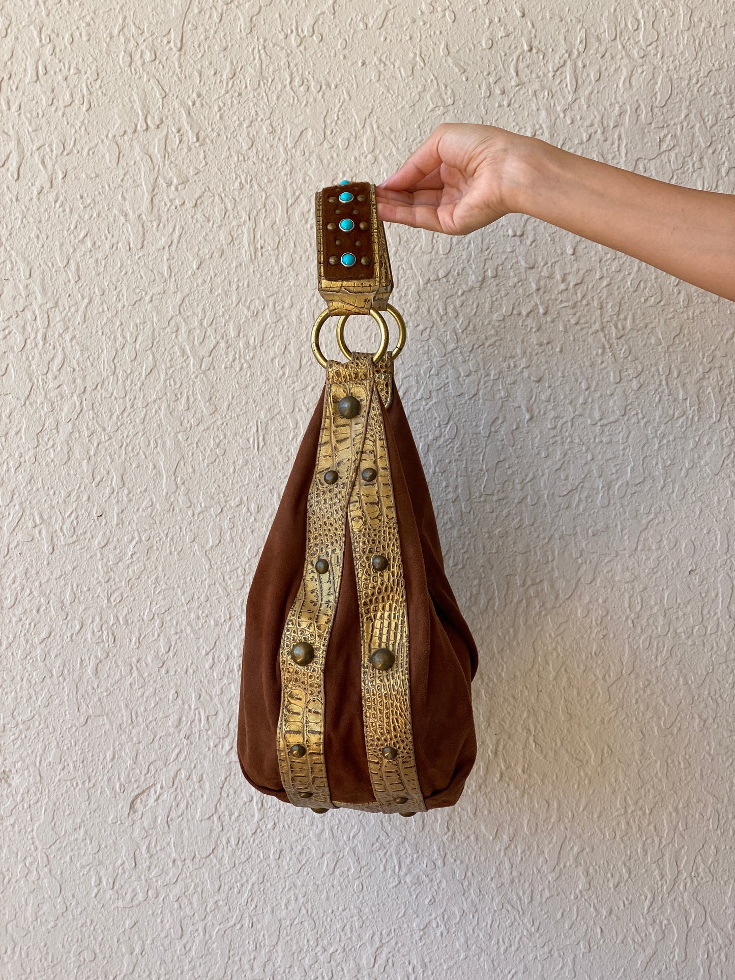 Gorgeous Kathy Van Zeeland Brown Vegan Suede Gold Faux Leather Trim Western Boho Shoulder Bag