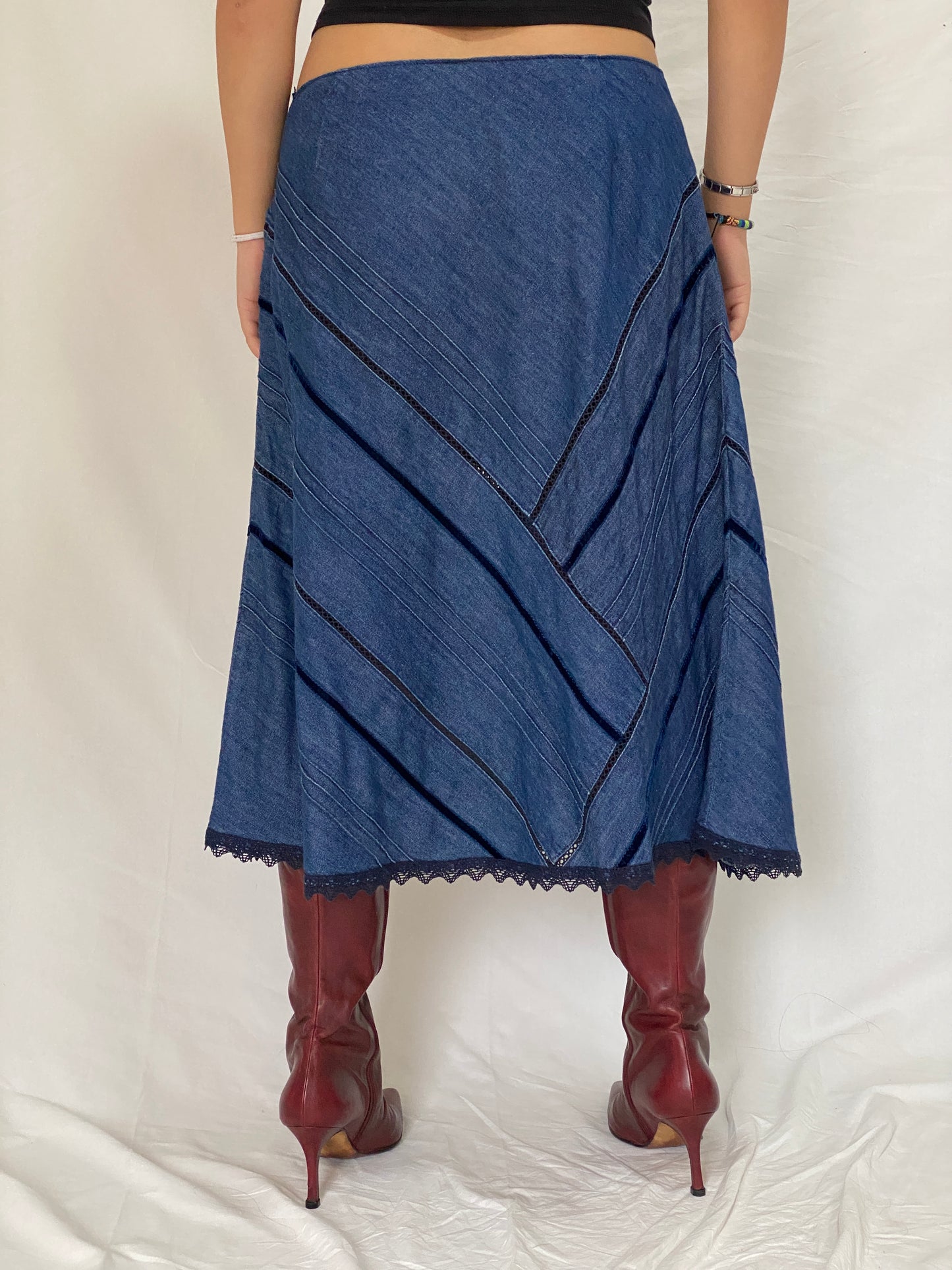 Handmade Patchwork Denim Midi Skirt Y2K Asymmetric Panel Skirt with Lace Trim - XL