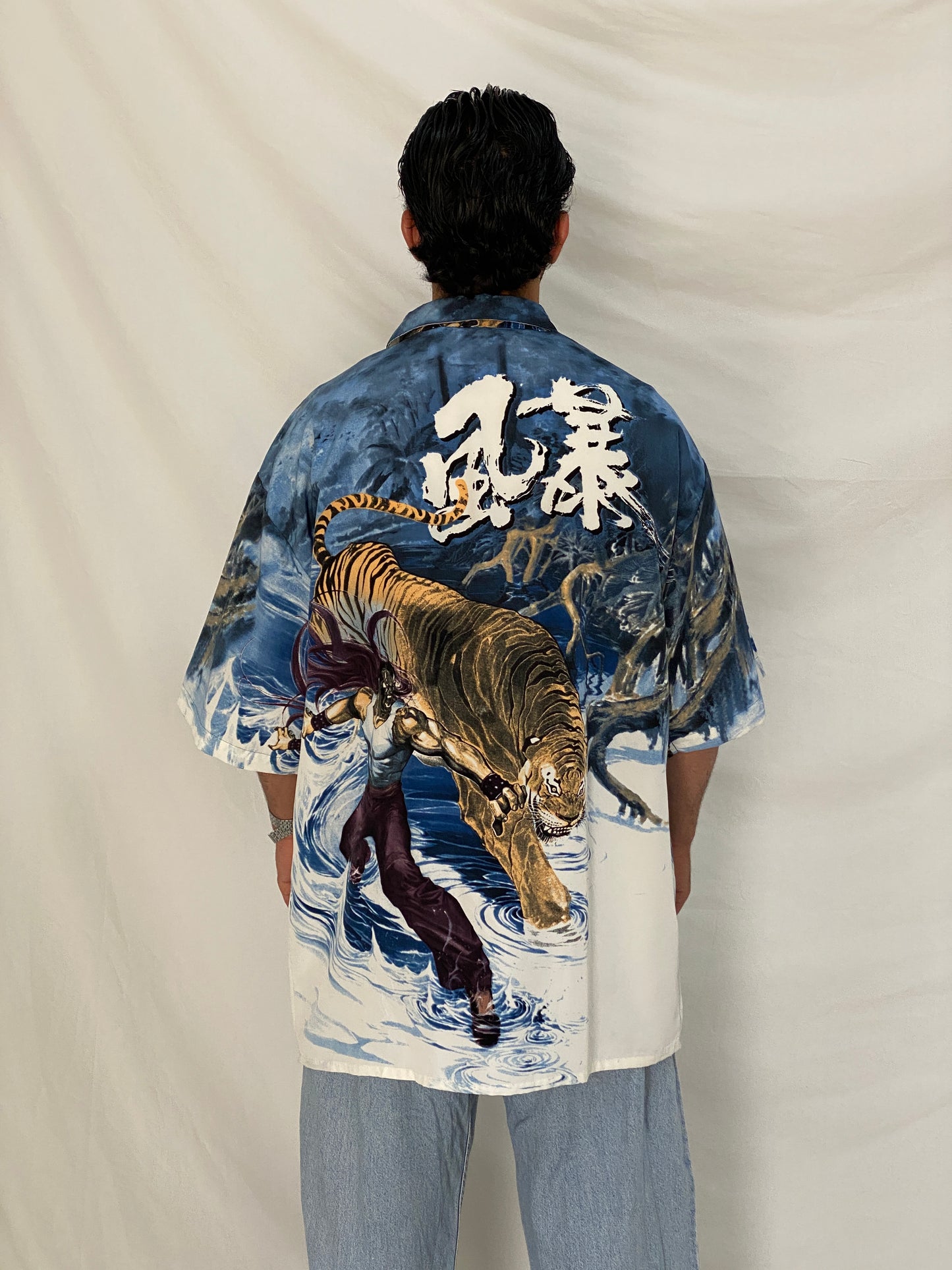 Vintage Billionbay Japanese Tiger Graphic Shirt Blue Y2K Anime Streetwear Button Up Camp Shirt - XL