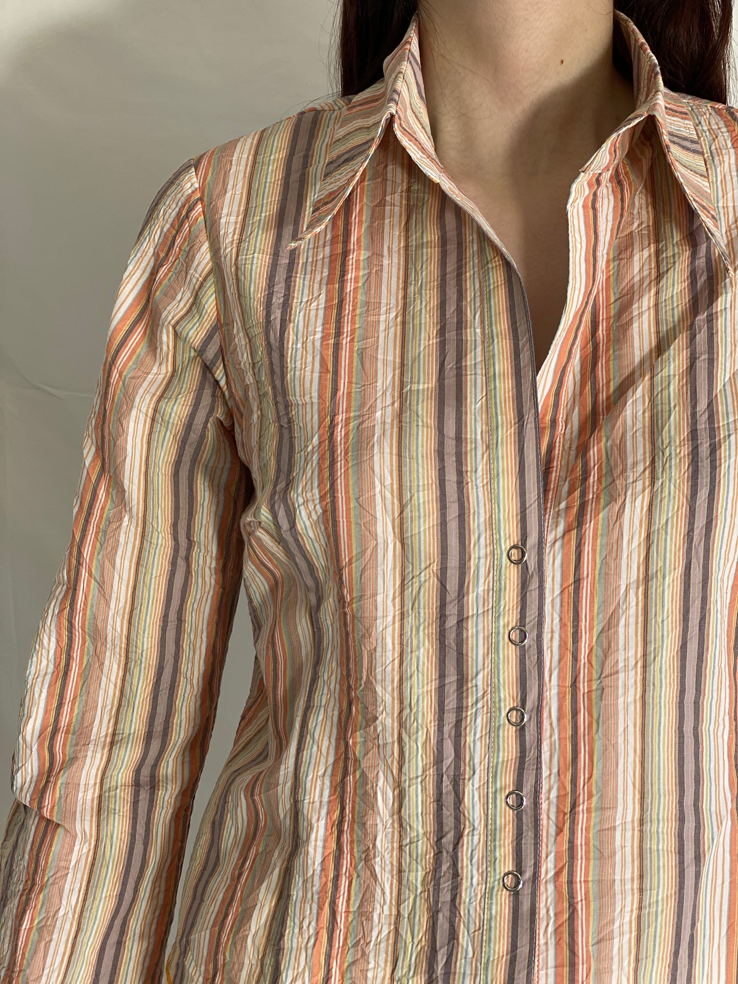 Vintage Y2K Watcher Striped Button Up Shirt Multicolor Long Sleeve - L