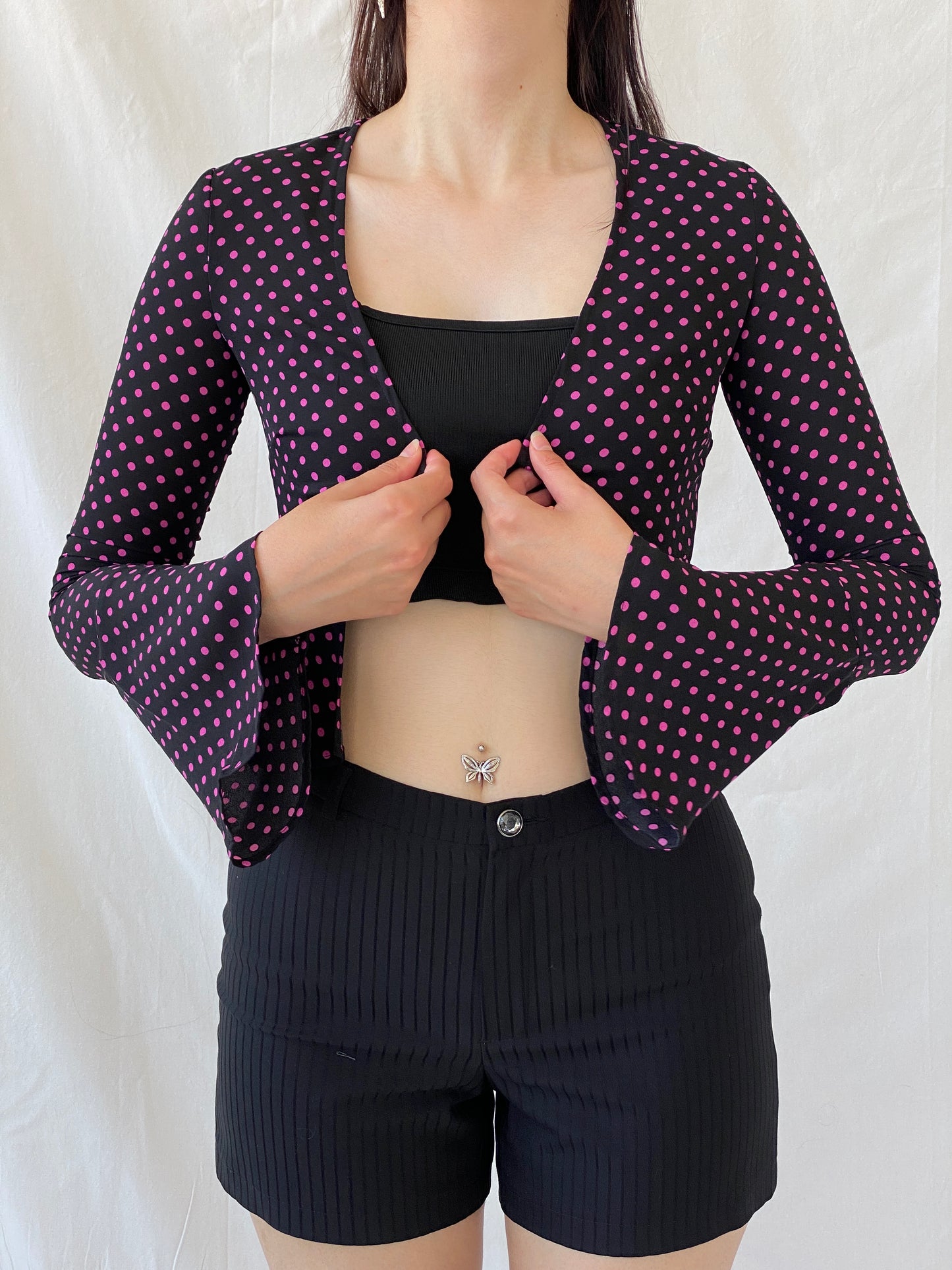 Gorgeous LULU & ROSE Polka Dot Pink Black Long Sleeve Cardigan - 2XS