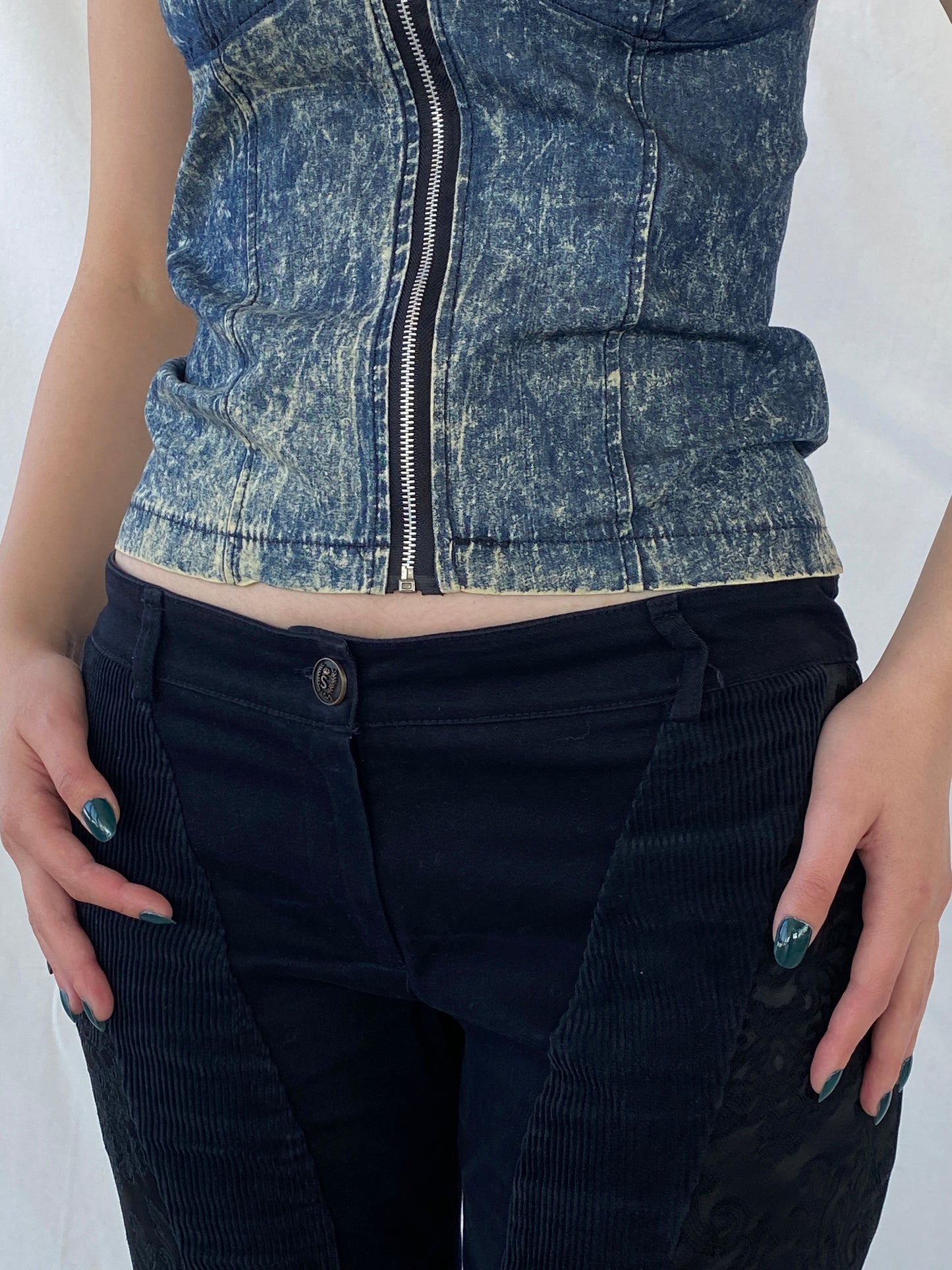 Vintage Wash Denim Blue Corset with Zipper and Adjustable Straps - M