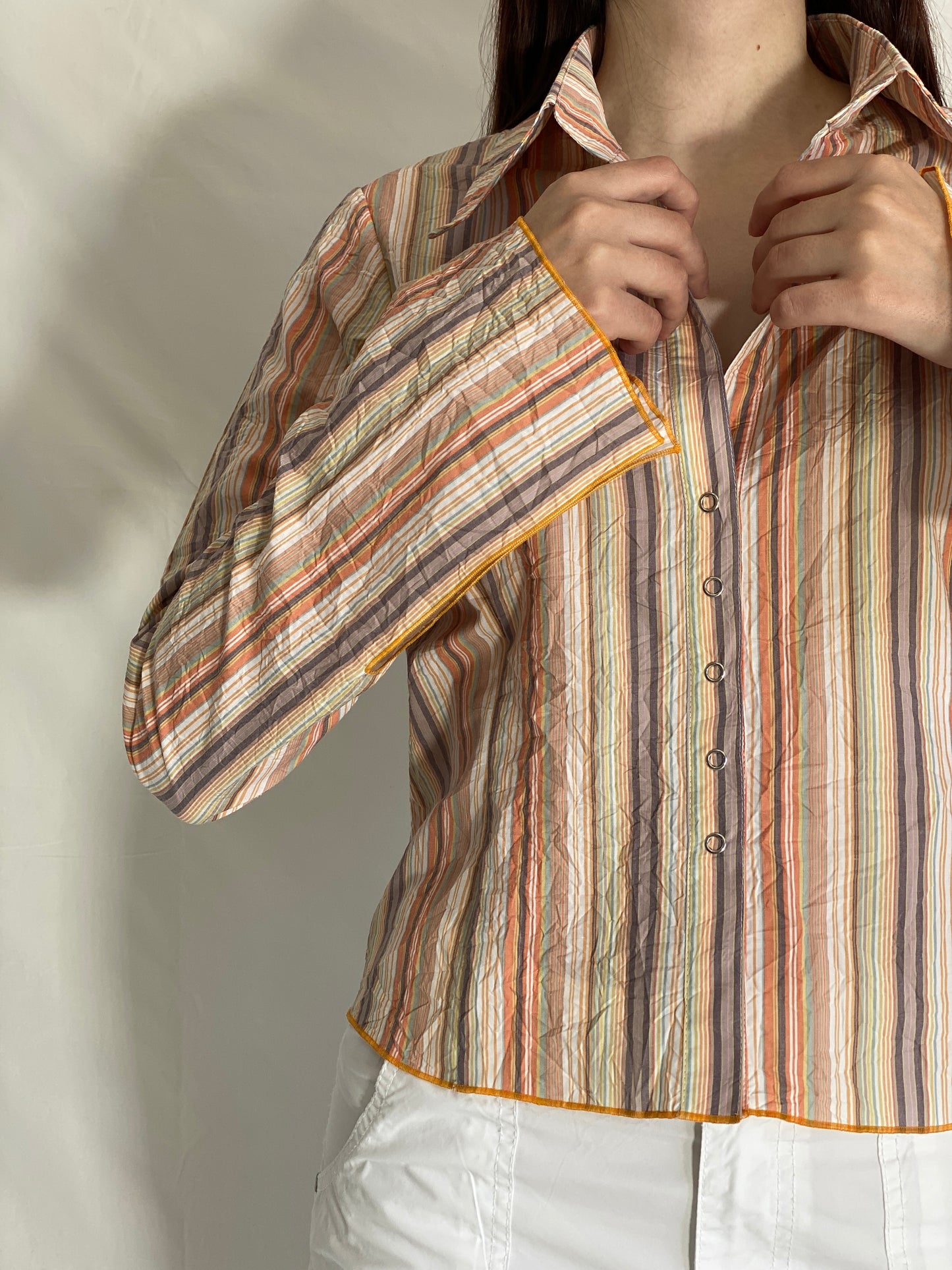 Vintage Y2K Watcher Striped Button Up Shirt Multicolor Long Sleeve - L