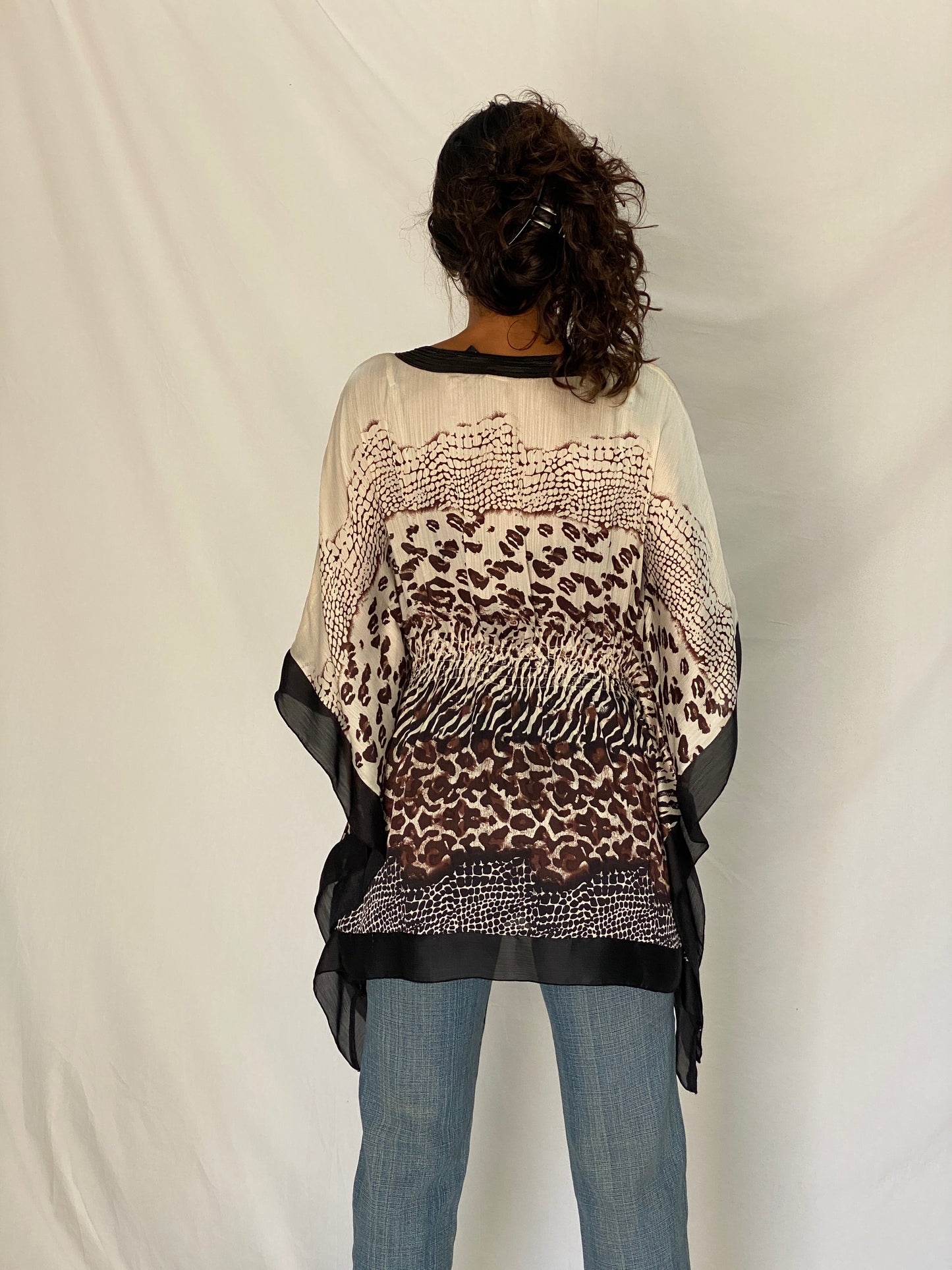 Vintage Y2K Kaelyn-Max Cream & Brown Animal Print Polyester Boho Kaftan Tunic Top - M