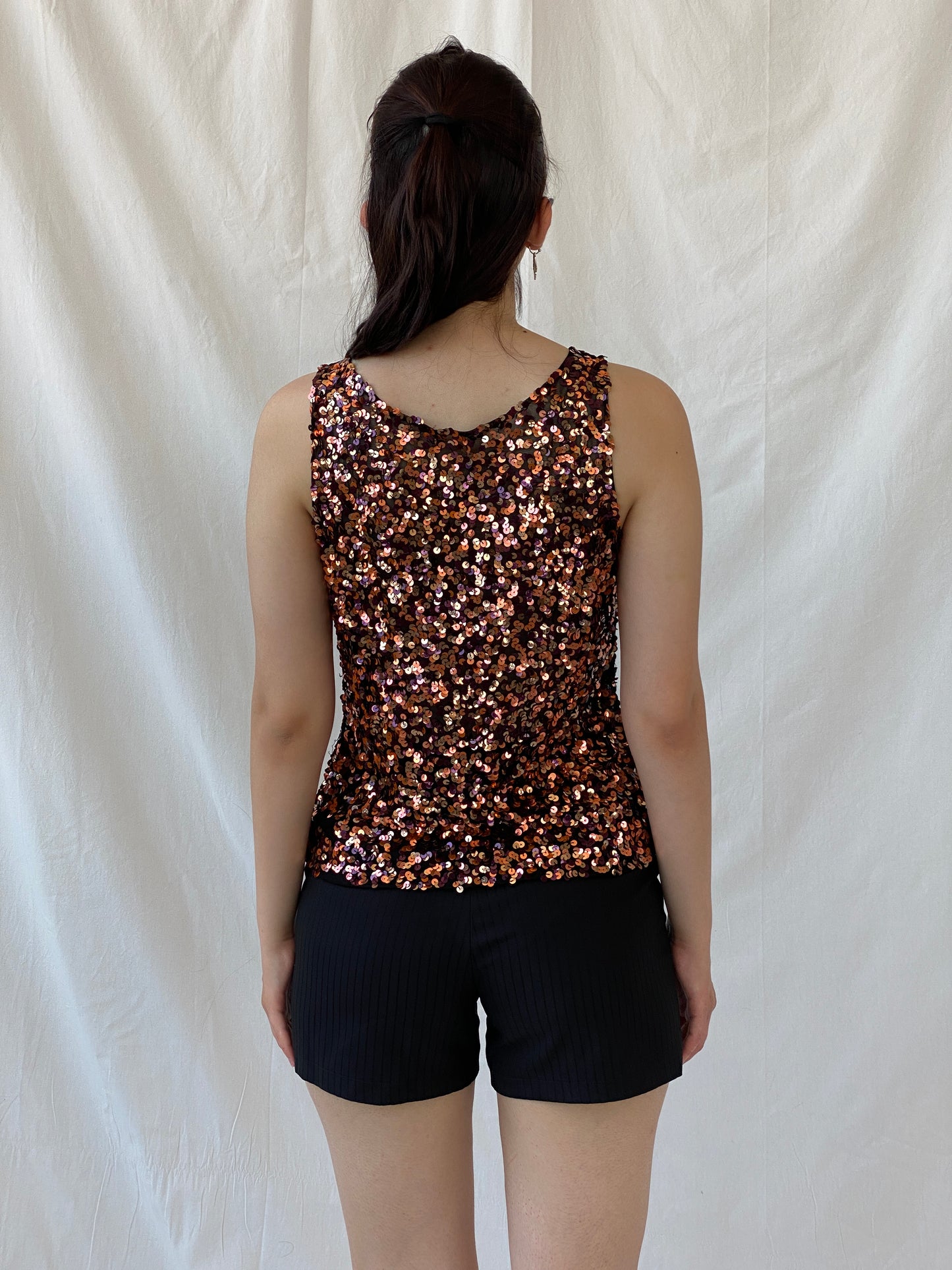 Vintage Vera Mont France Copper Sequin Evening Top Sleeveless Party Tank Top - M