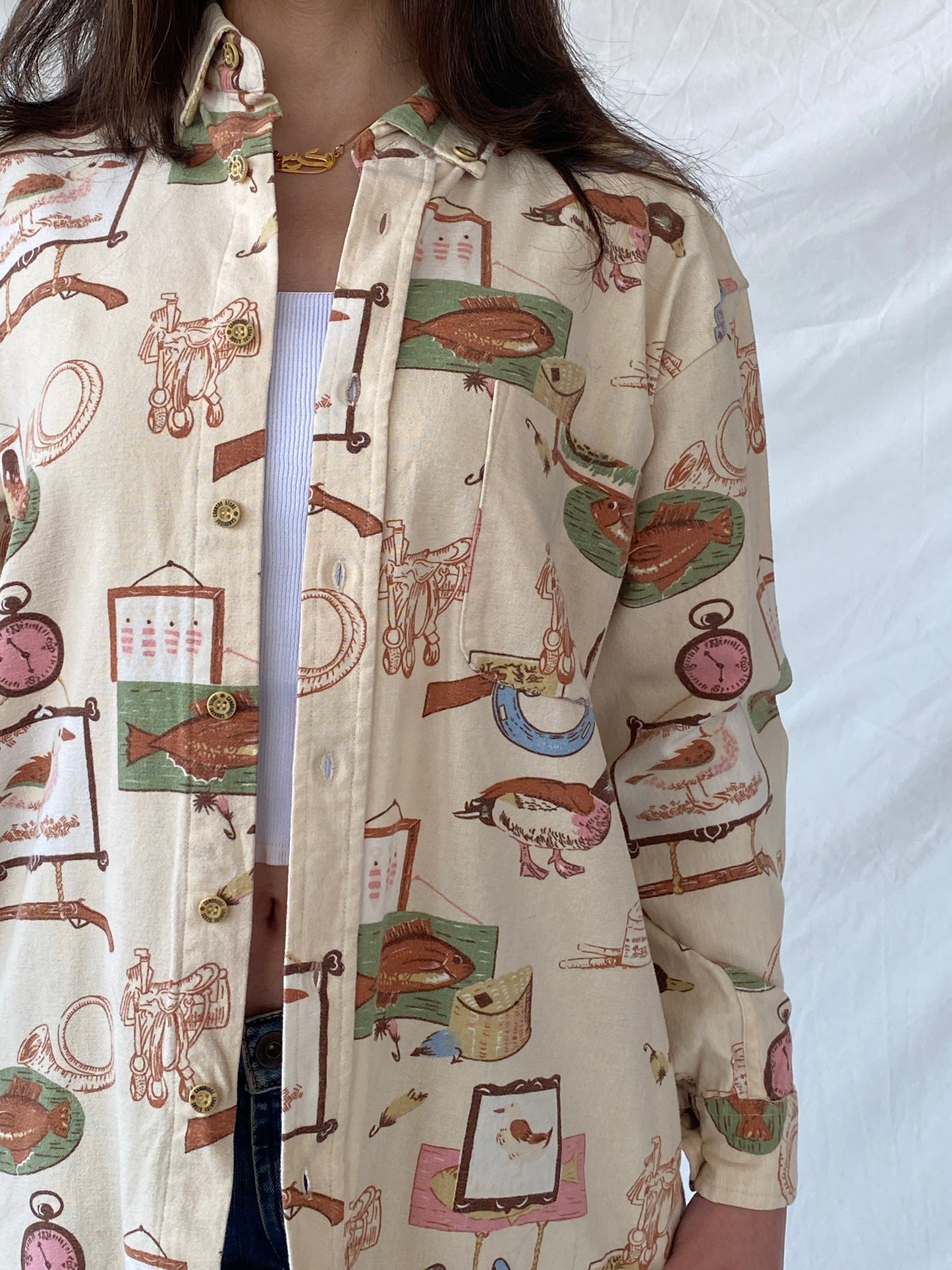 Vintage Cambridge Country Side Graphic Prints Beige Long Sleeve Button Up Cotton Shirt - M