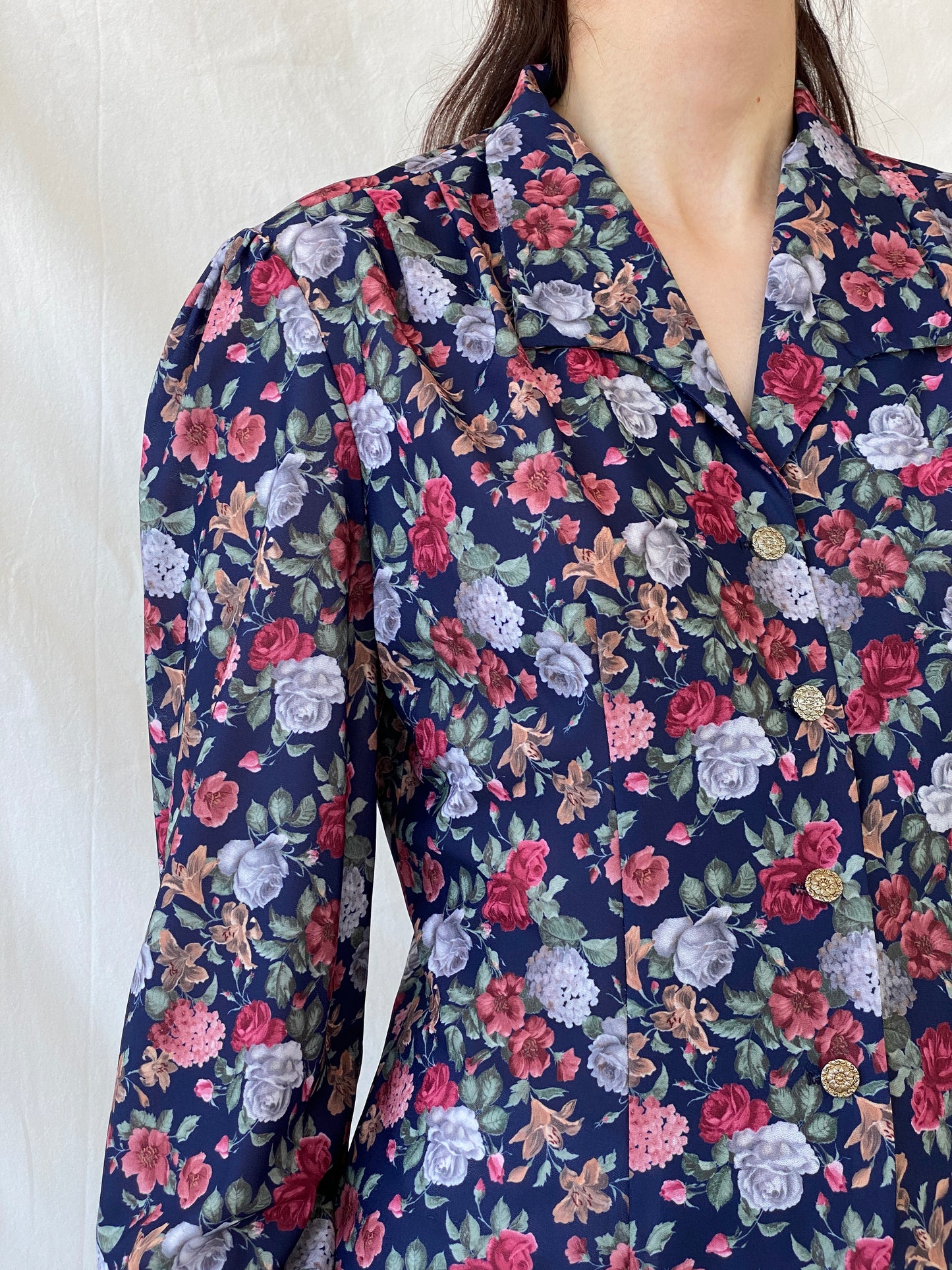 Vintage DEBENHAMS Navy Red Floral Silver Buttoned Women’s Long Sleeve Shirt - L