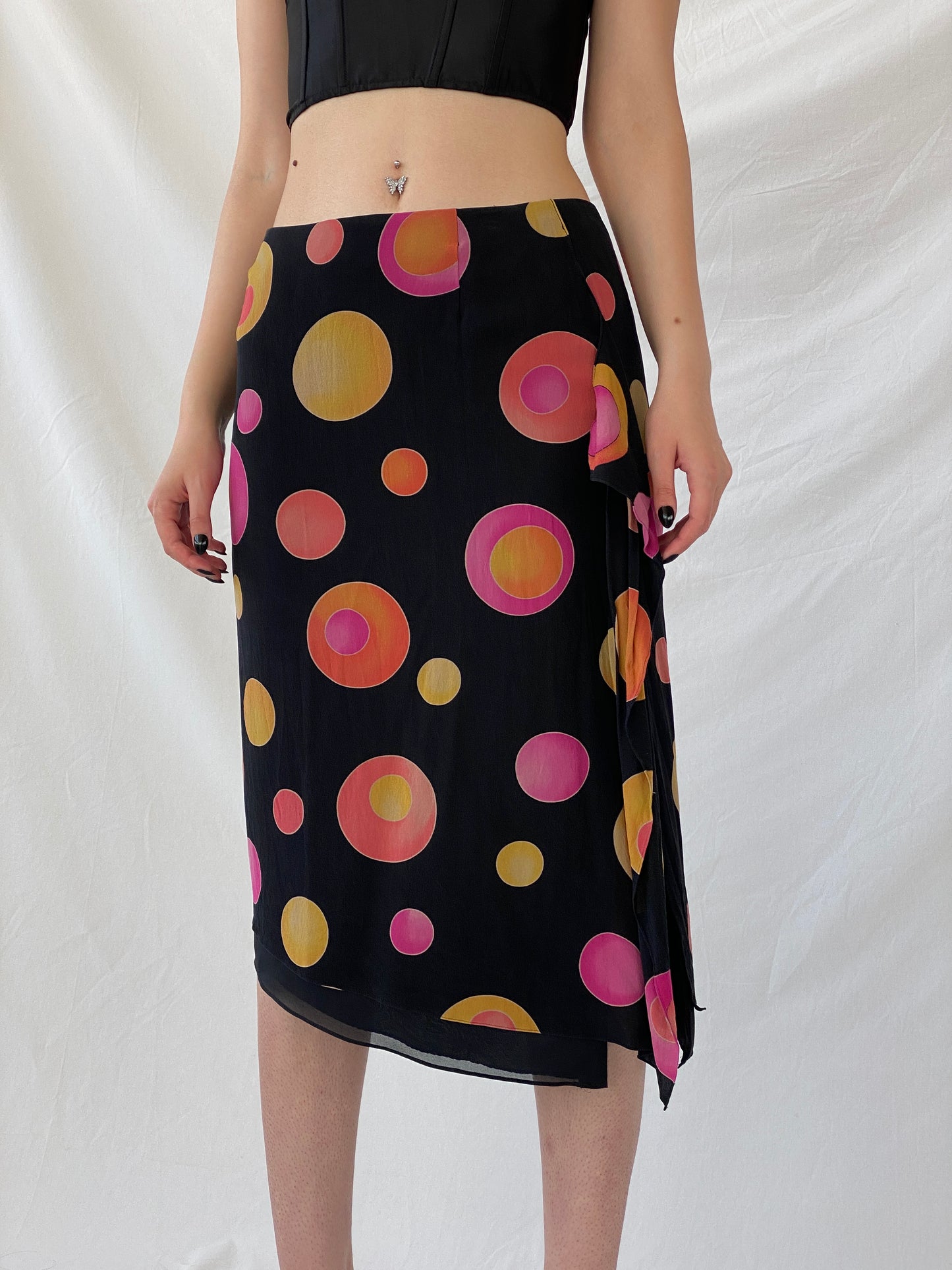 Vintage 1990s Louis Féraud Silk Dot Midi Black Groovy Skirt with Colorful Circles and Side Slits - M