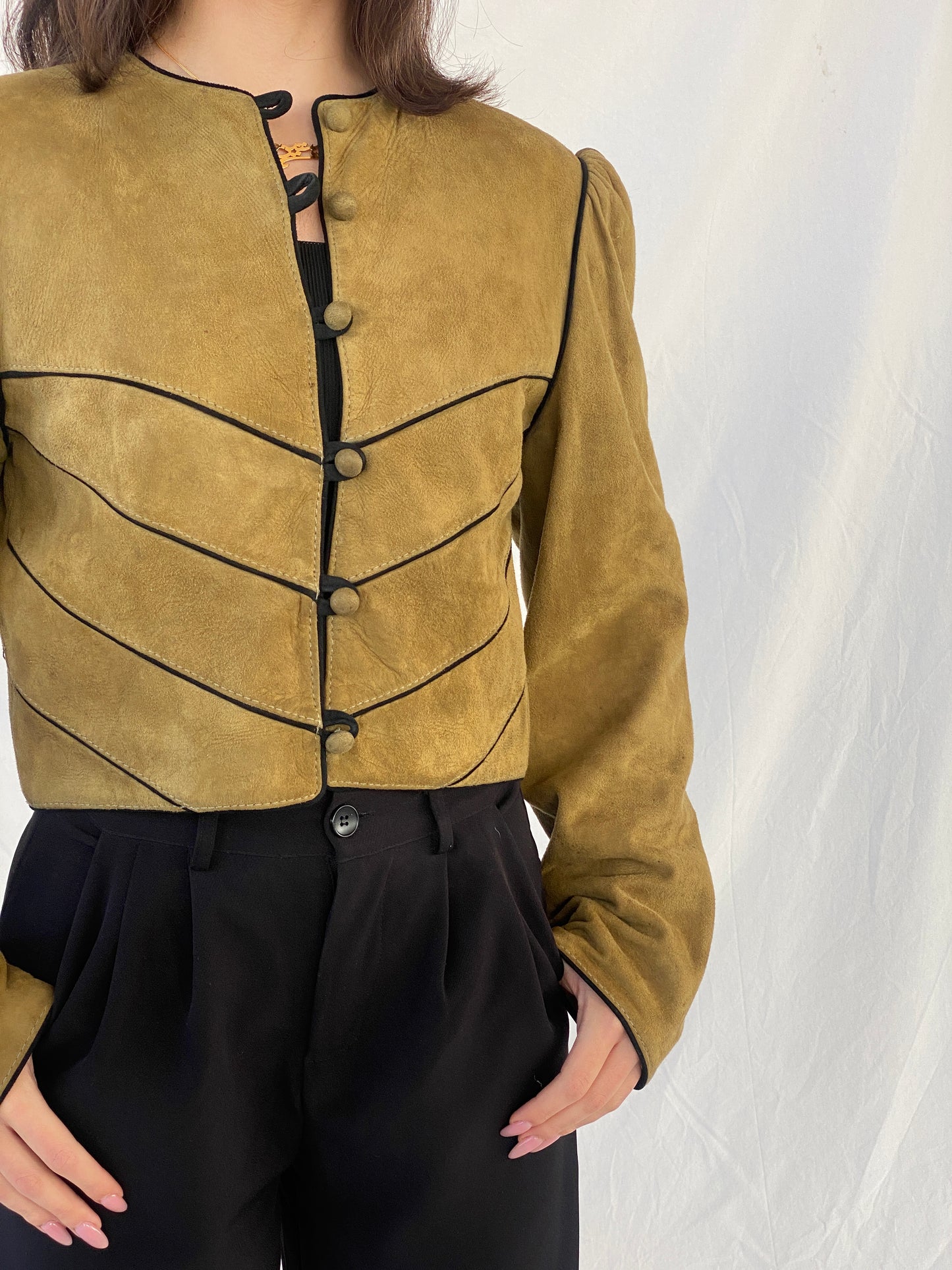 Vintage Olive Green Suede Trachten Buttoned Blazer Jacket - M