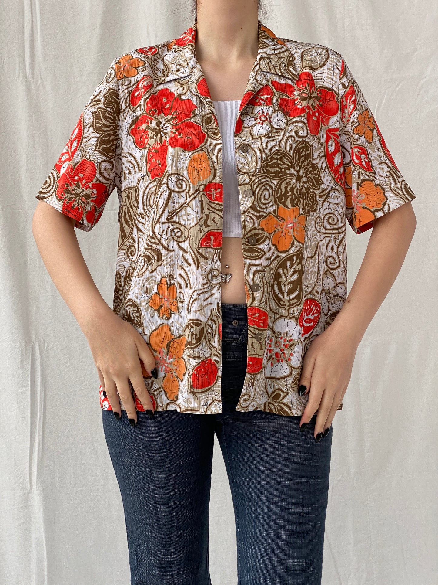 Vintage ALIA Orange Floral Women’s Short Sleeve Button Up Hawaiian Shirt - M