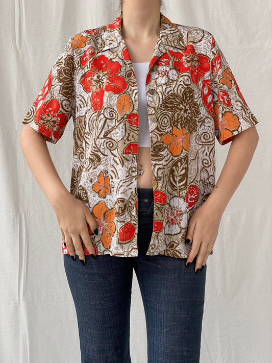 Vintage ALIA Orange Floral Women’s Short Sleeve Button Up Hawaiian Shirt - M