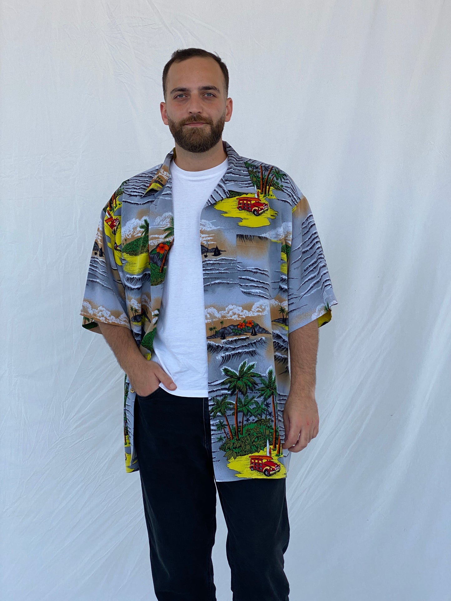 00s Koman Sport Hawaiian Palm Trees Button Shirt - 2XL