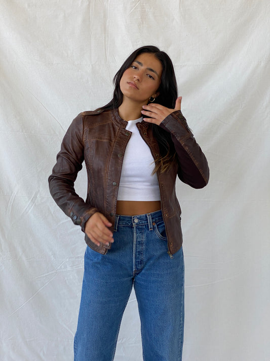 جاكيت موريسز بني من الجلد الصناعي بتصميم راكبي الدراجات النارية - مقاس صغير