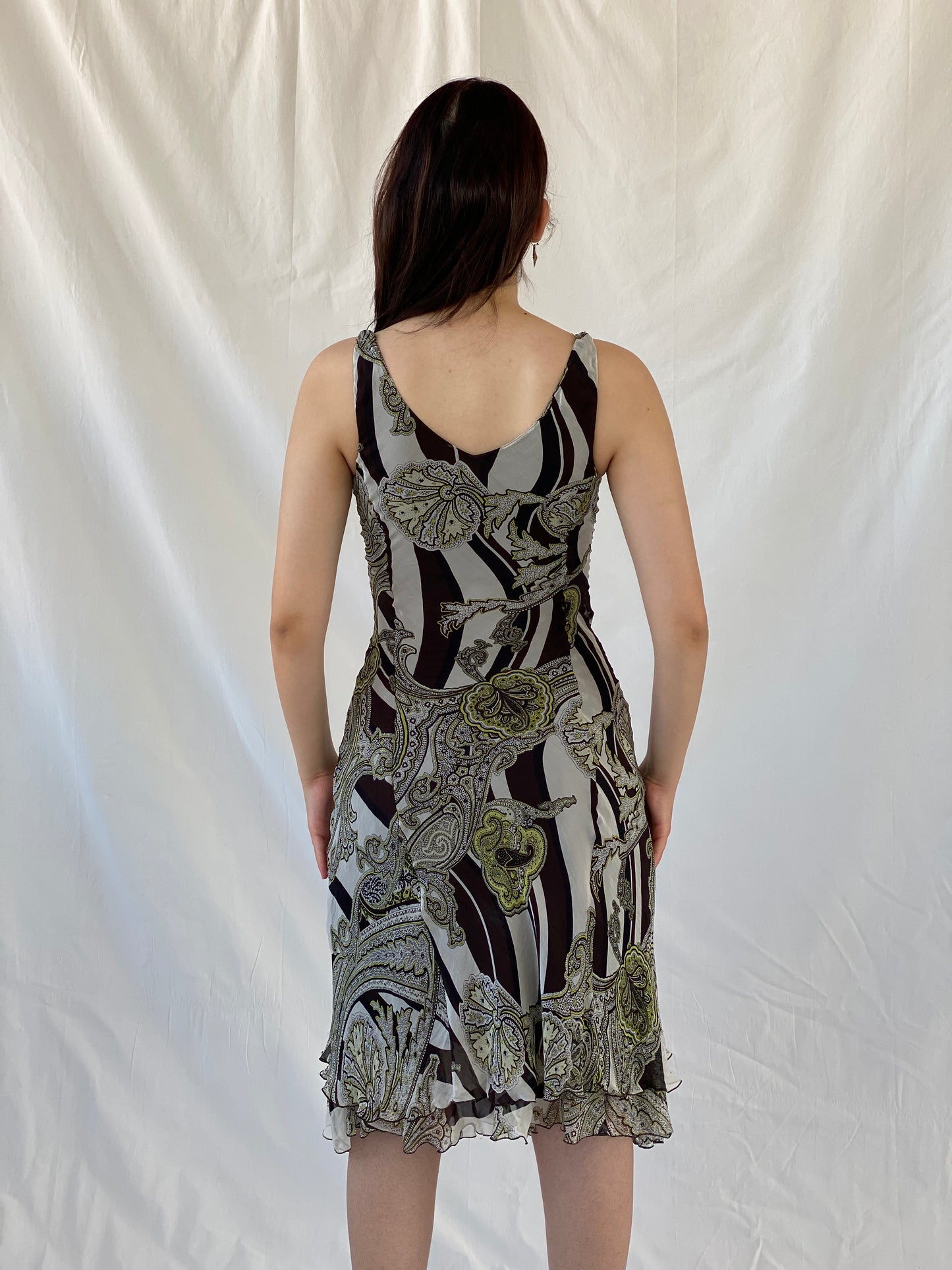 Gorgeous Claudia Sträter Paisley Print Brown Green Silk Sleeveless Summer Vacation Midi Dress - S