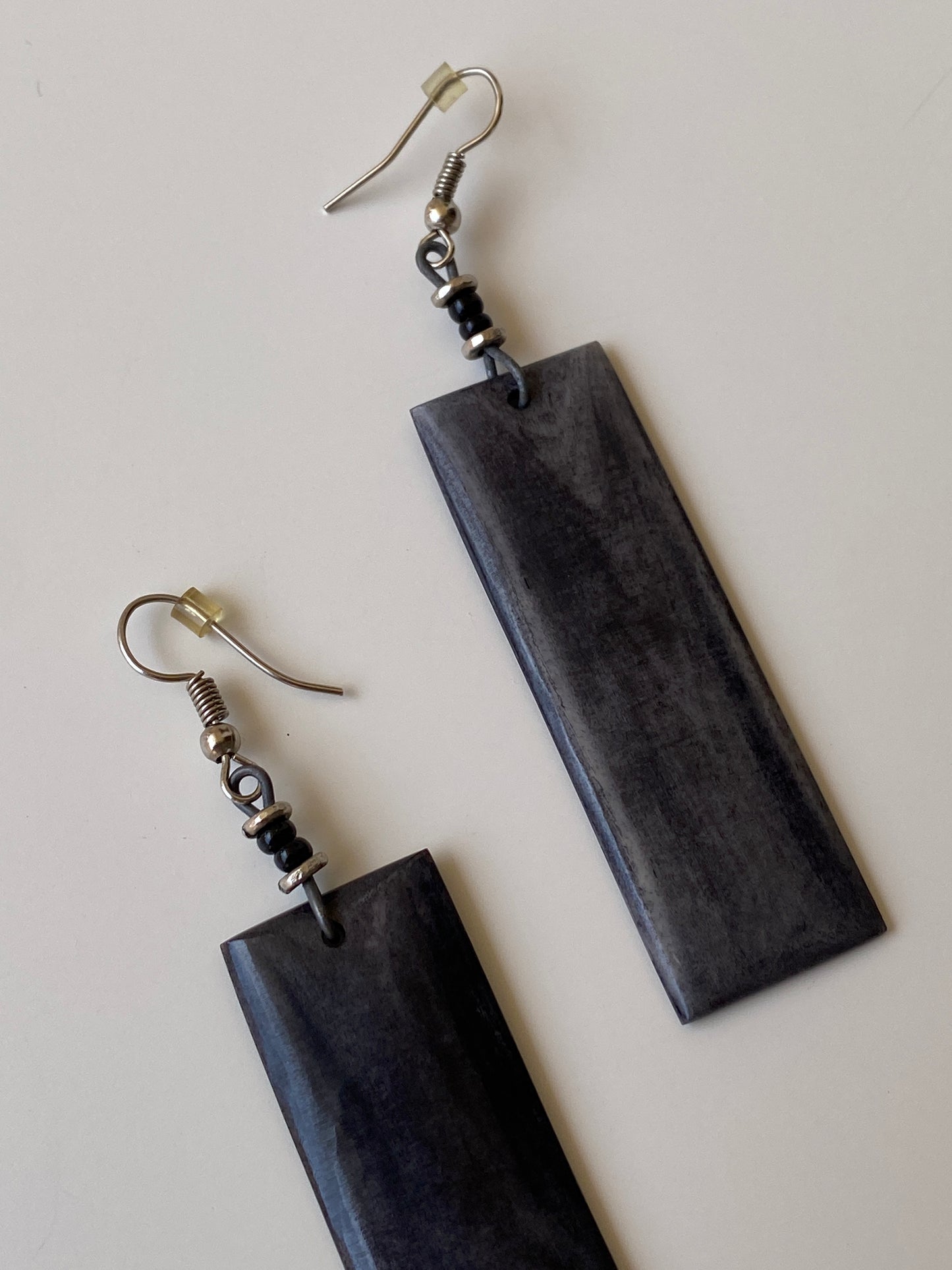 Vintage Dark Wood Rectangle Drop Earrings – Minimalist Boho Statement Earrings