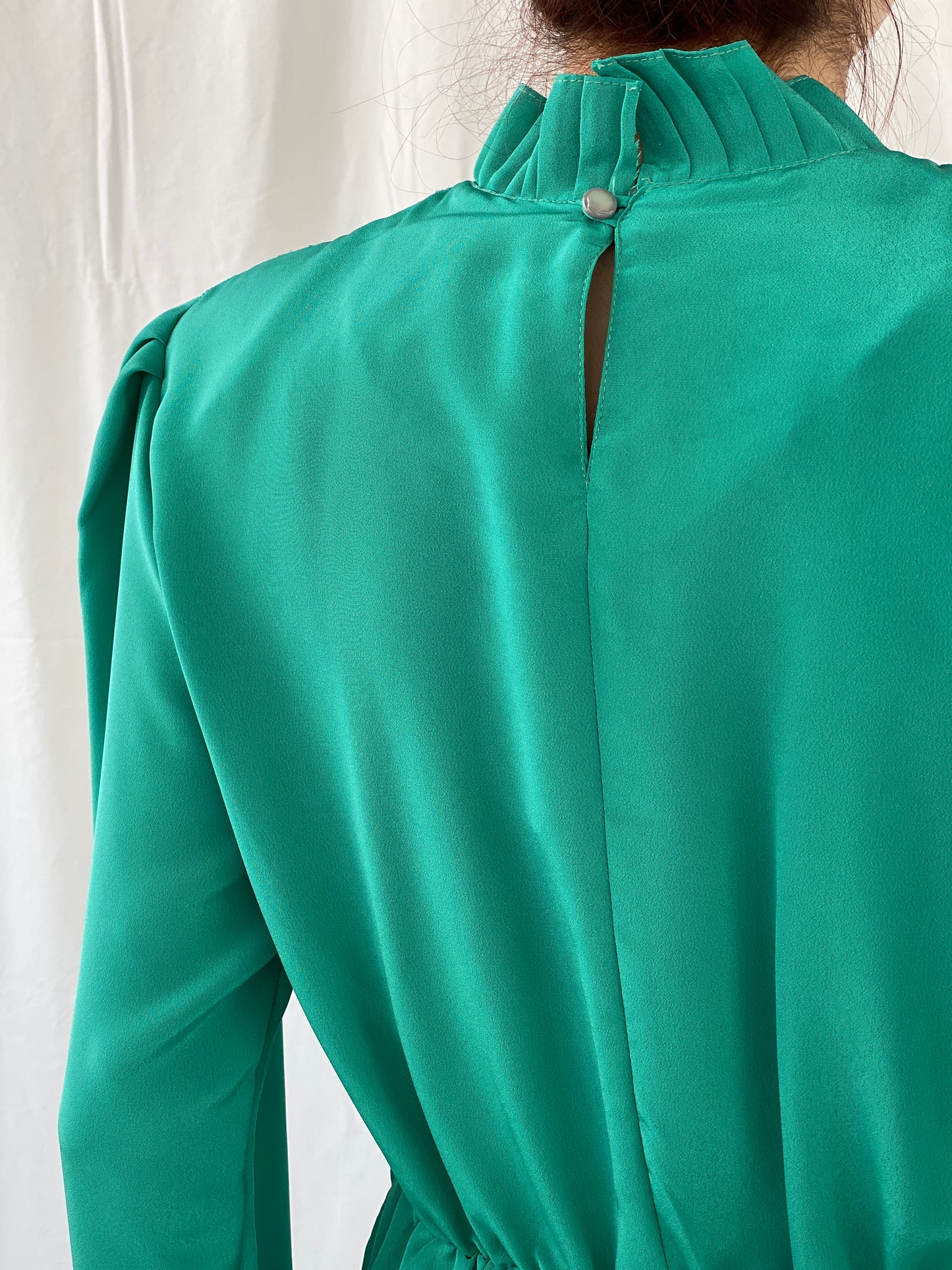 Vintage Doruk Green Embellished Padded Shoulders Long Sleeve Satin Blouse - L