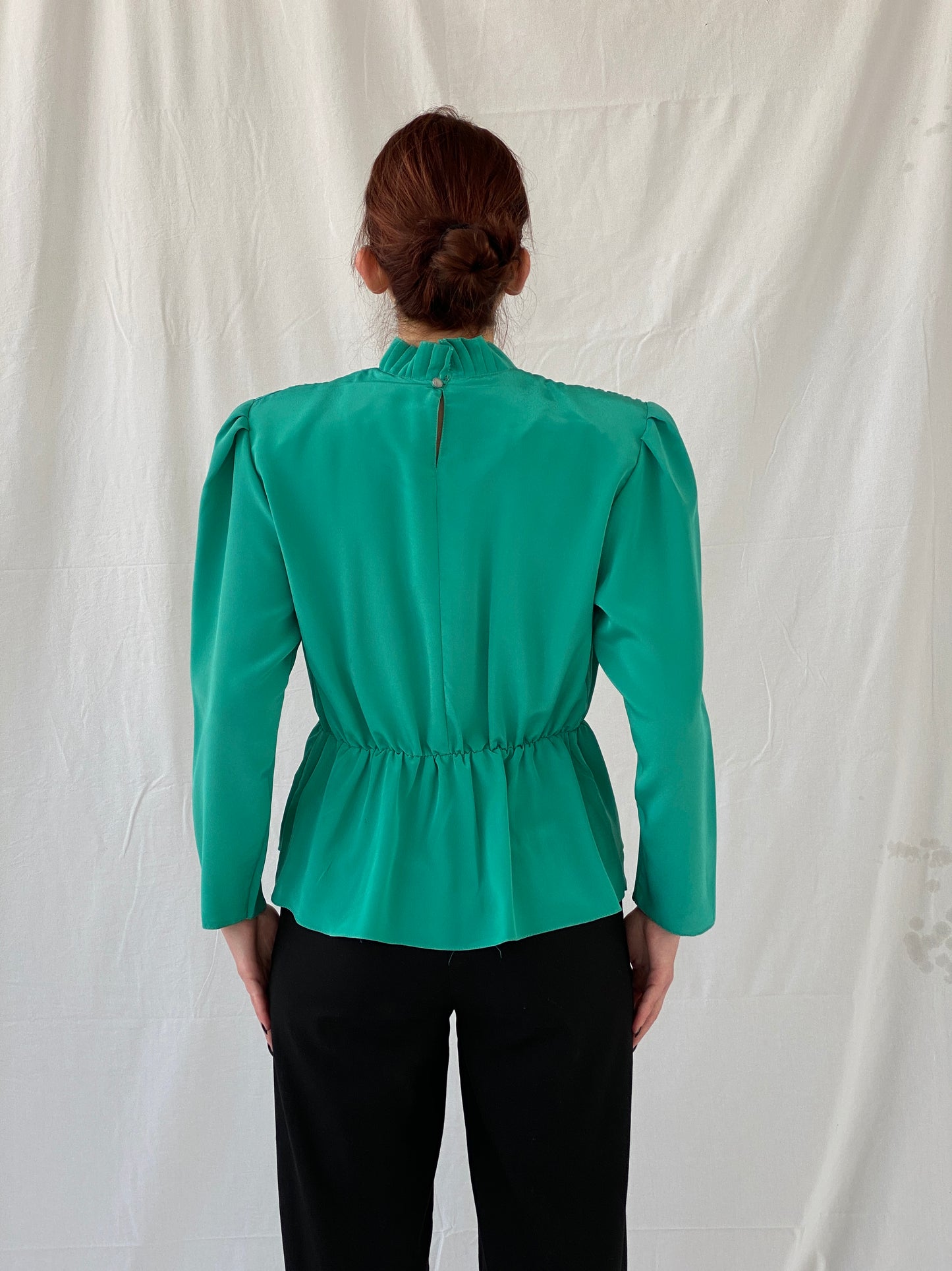 Vintage Doruk Green Embellished Padded Shoulders Long Sleeve Satin Blouse - L