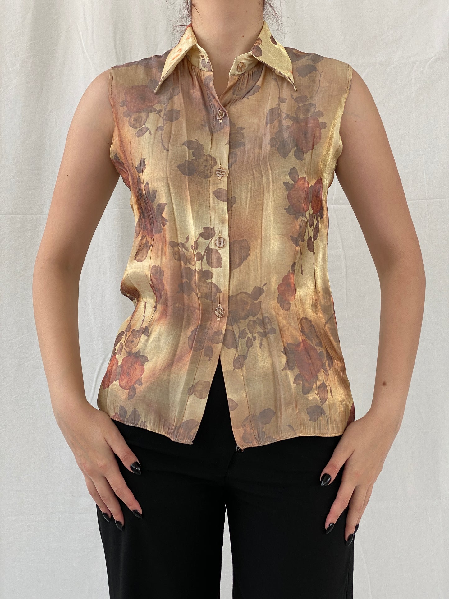 Vintage Shimmery Gold Women’s Buttoned Floral Sleeveless Shirt - M