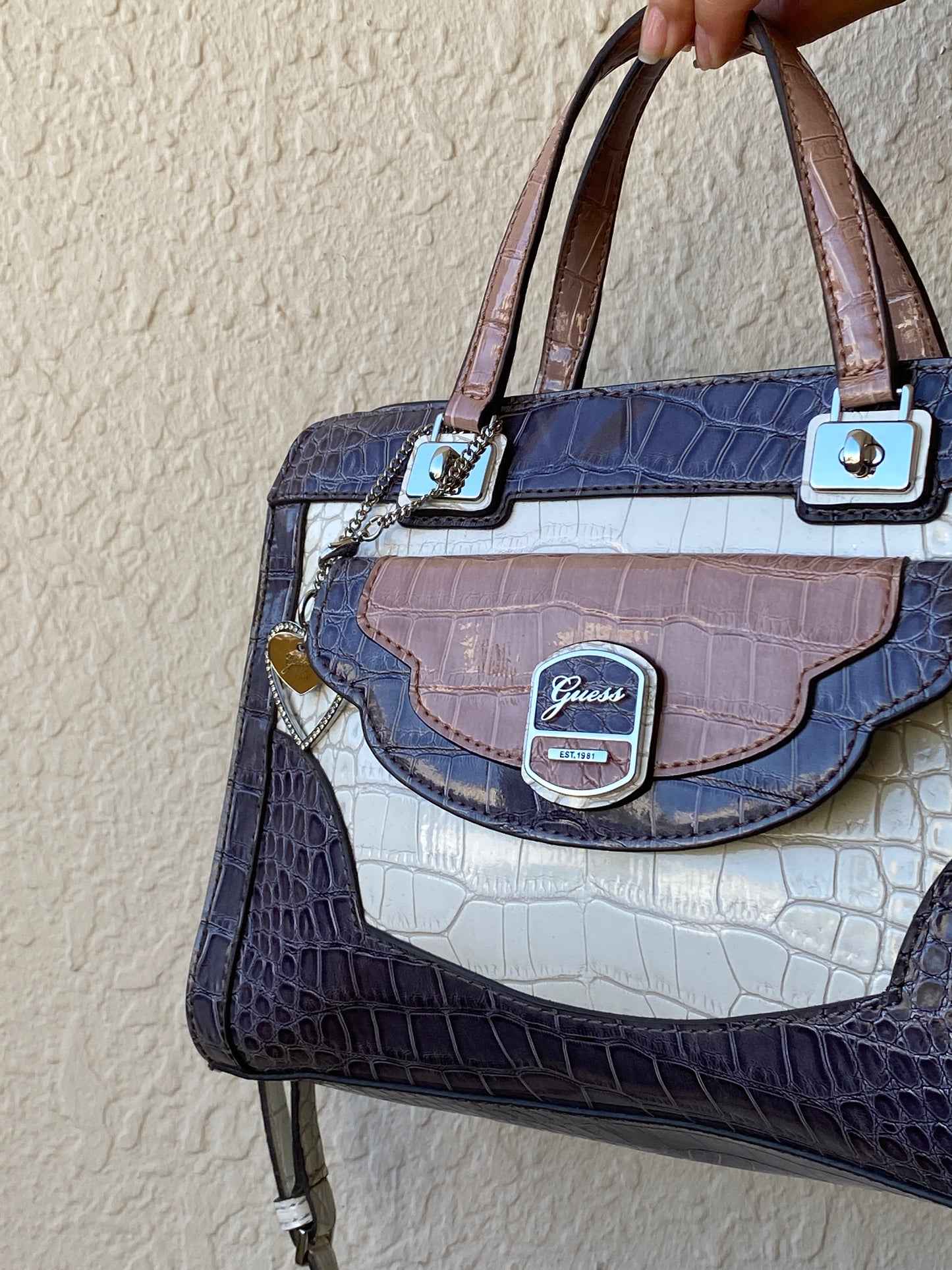 GUESS Croc-Embossed Tri-Color Satchel Handbag with Crossbody Strap