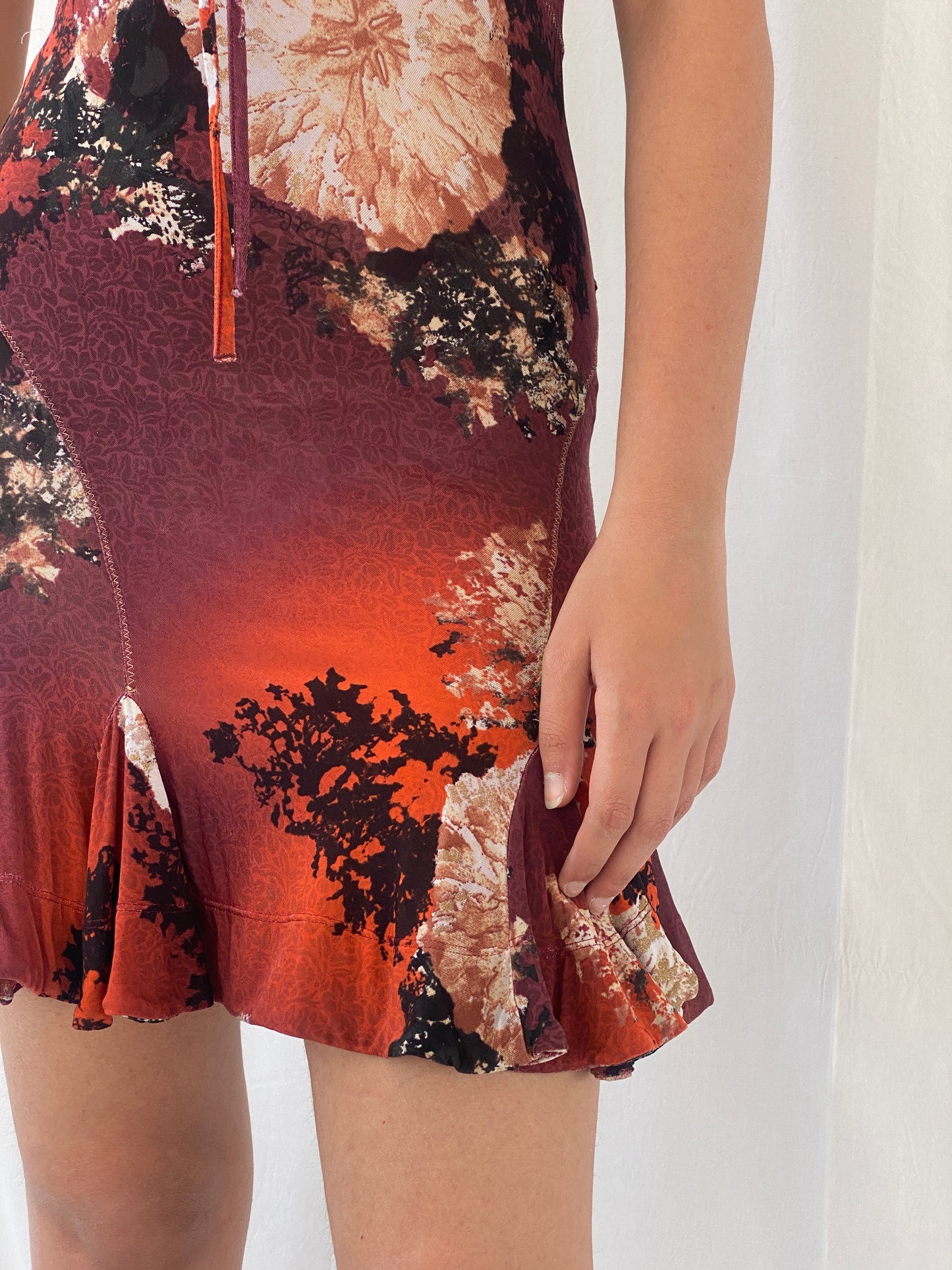 2000s Y2K Just Cavalli by Roberto Cavalli Orange Purple Floral Ruffled Neckline Short Dress - S