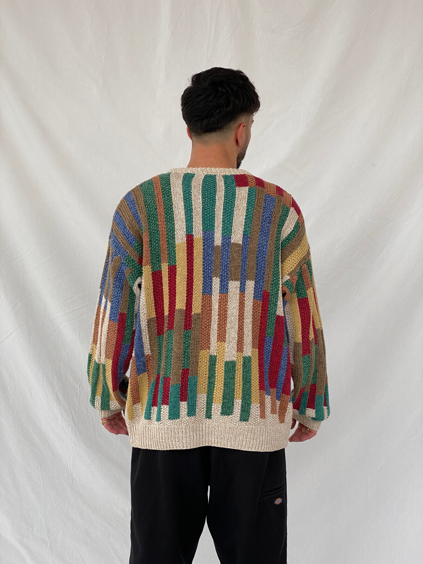 Vintage 90s Norm Thompson Men’s Crew Neck Color Block Striped Knit Sweater - XL