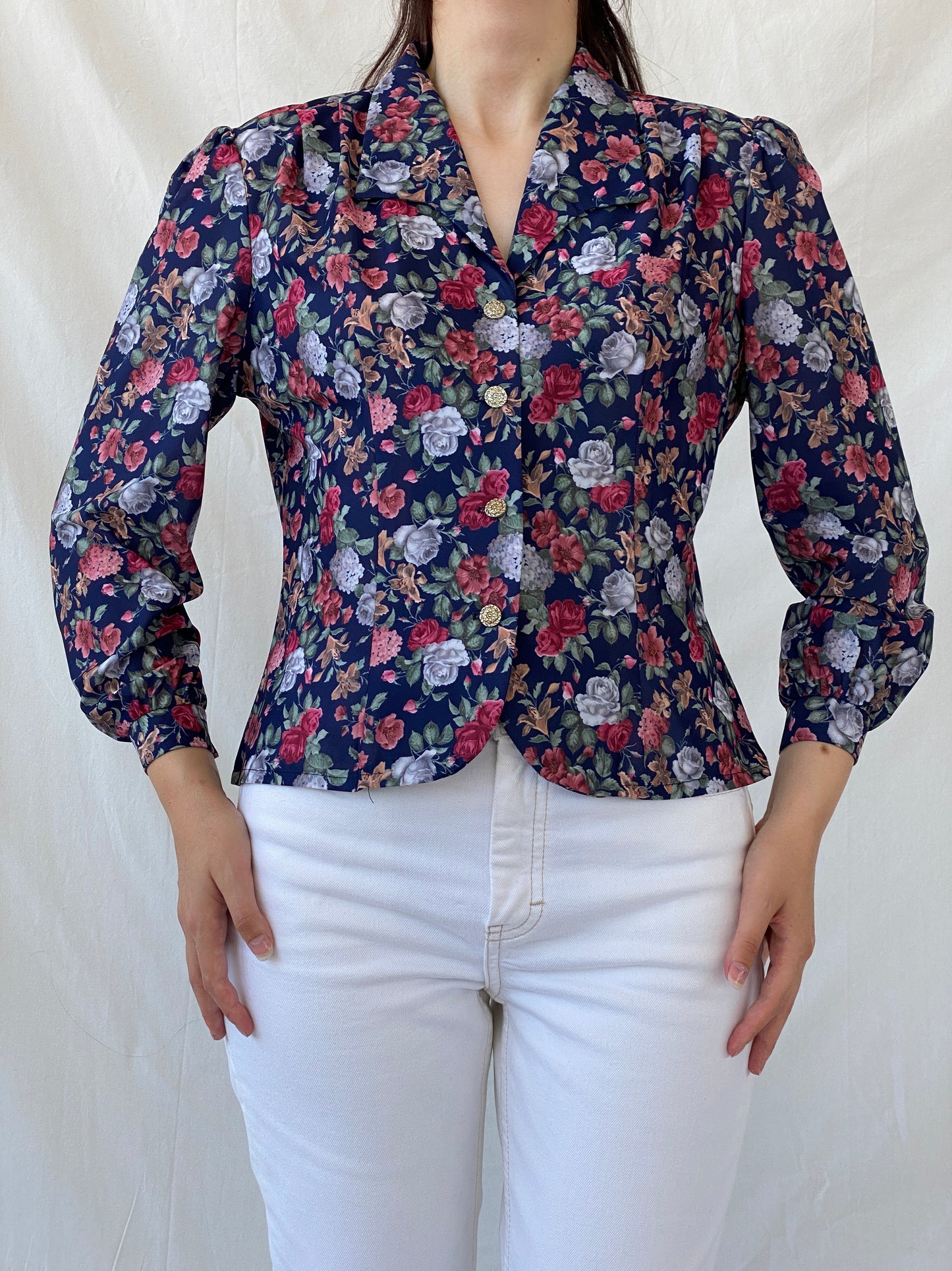 Vintage DEBENHAMS Navy Red Floral Silver Buttoned Women’s Long Sleeve Shirt - L