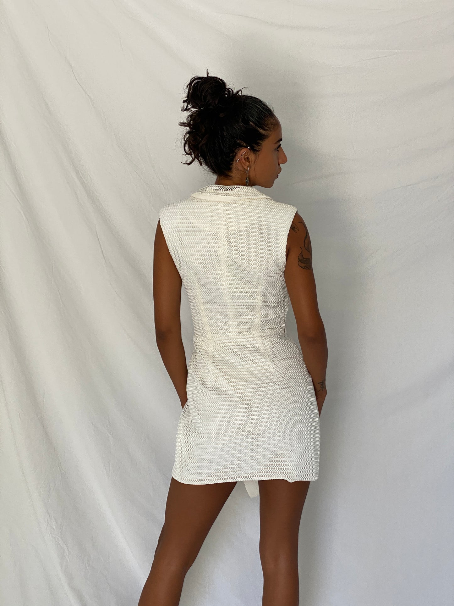 Self-Portrait White Mesh Black Lapel Asymmetric Tuxedo Mini Dress - XS