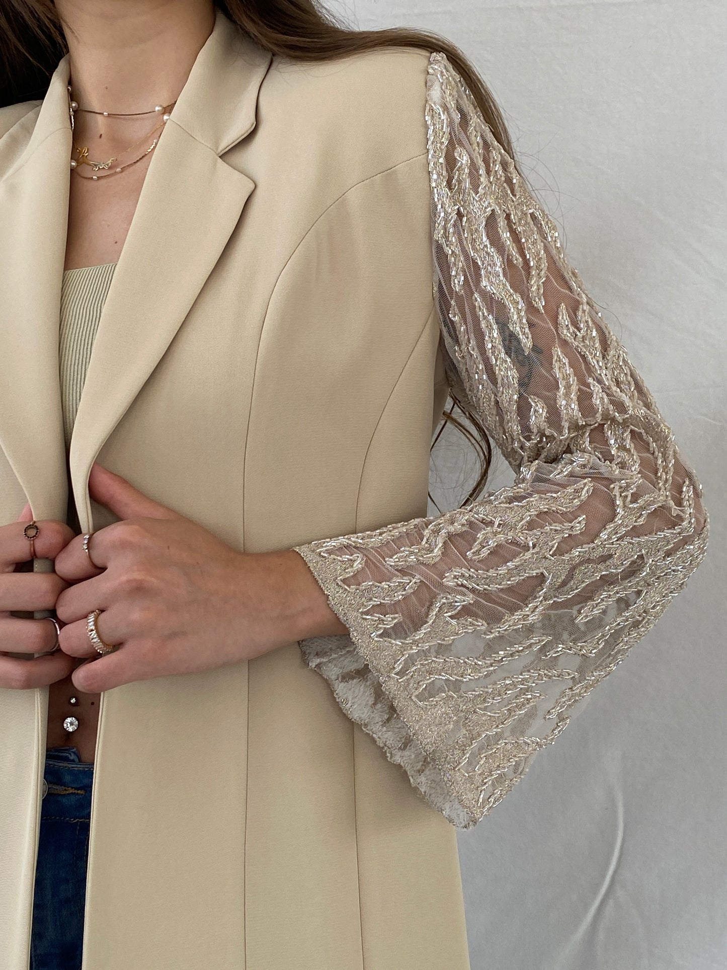 Elegant 00s Verona Beaded Mesh Sleeves Beige Evening Blazer - M