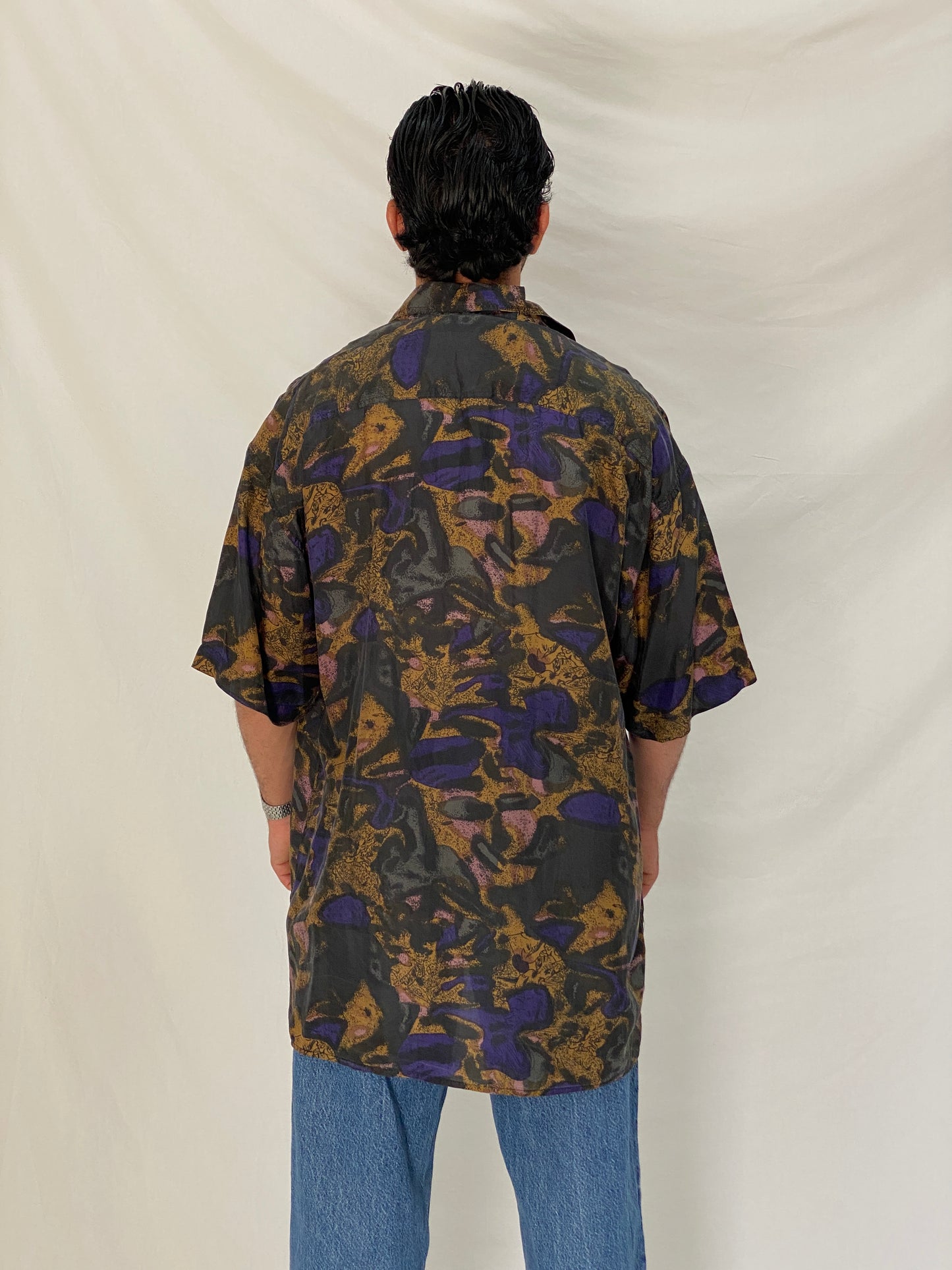 Vintage 90s Silks Stone Original Abstract Print Silk Black Purple Shirt – XL