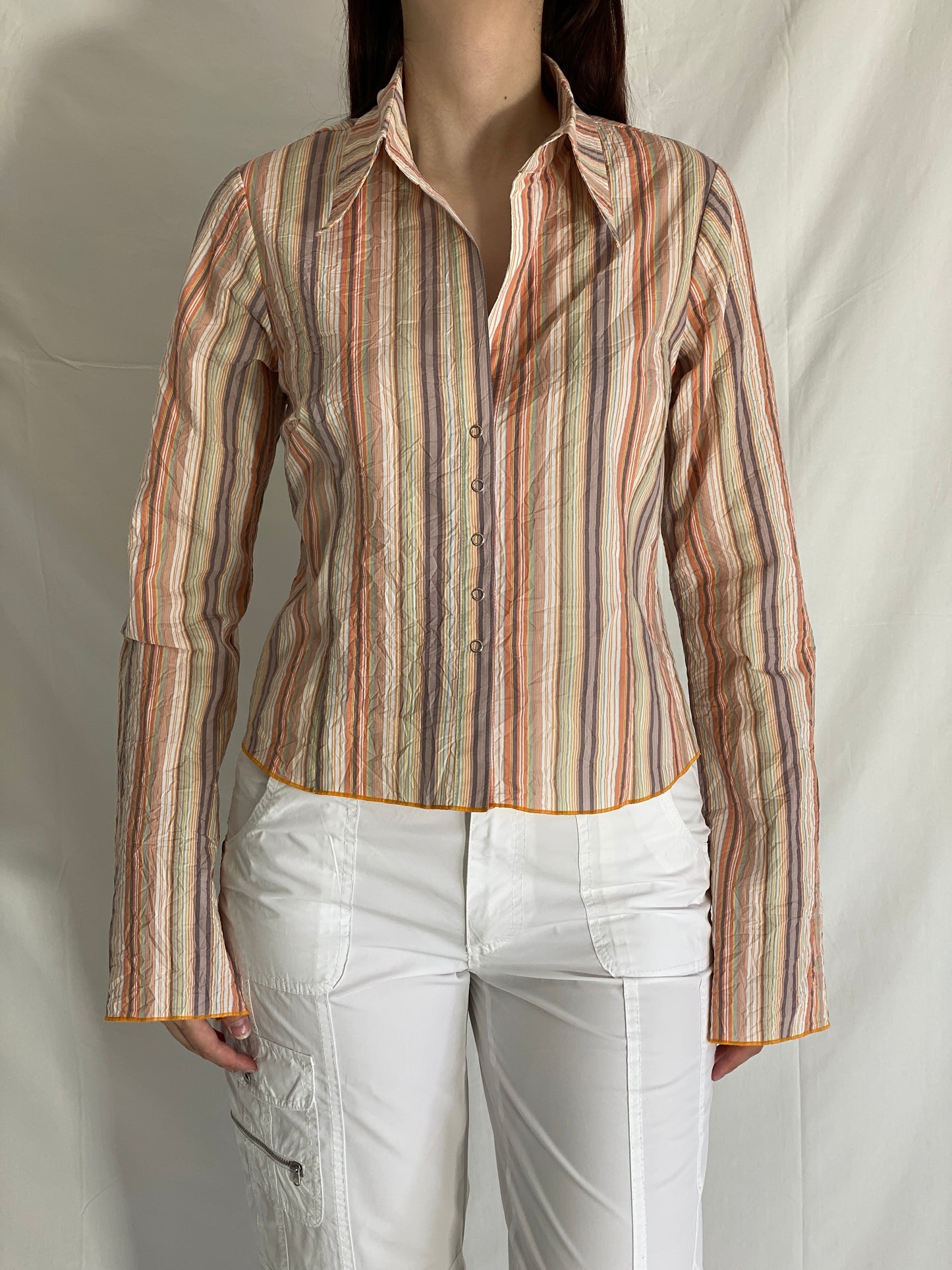 Vintage Y2K Watcher Striped Button Up Shirt Multicolor Long Sleeve - L