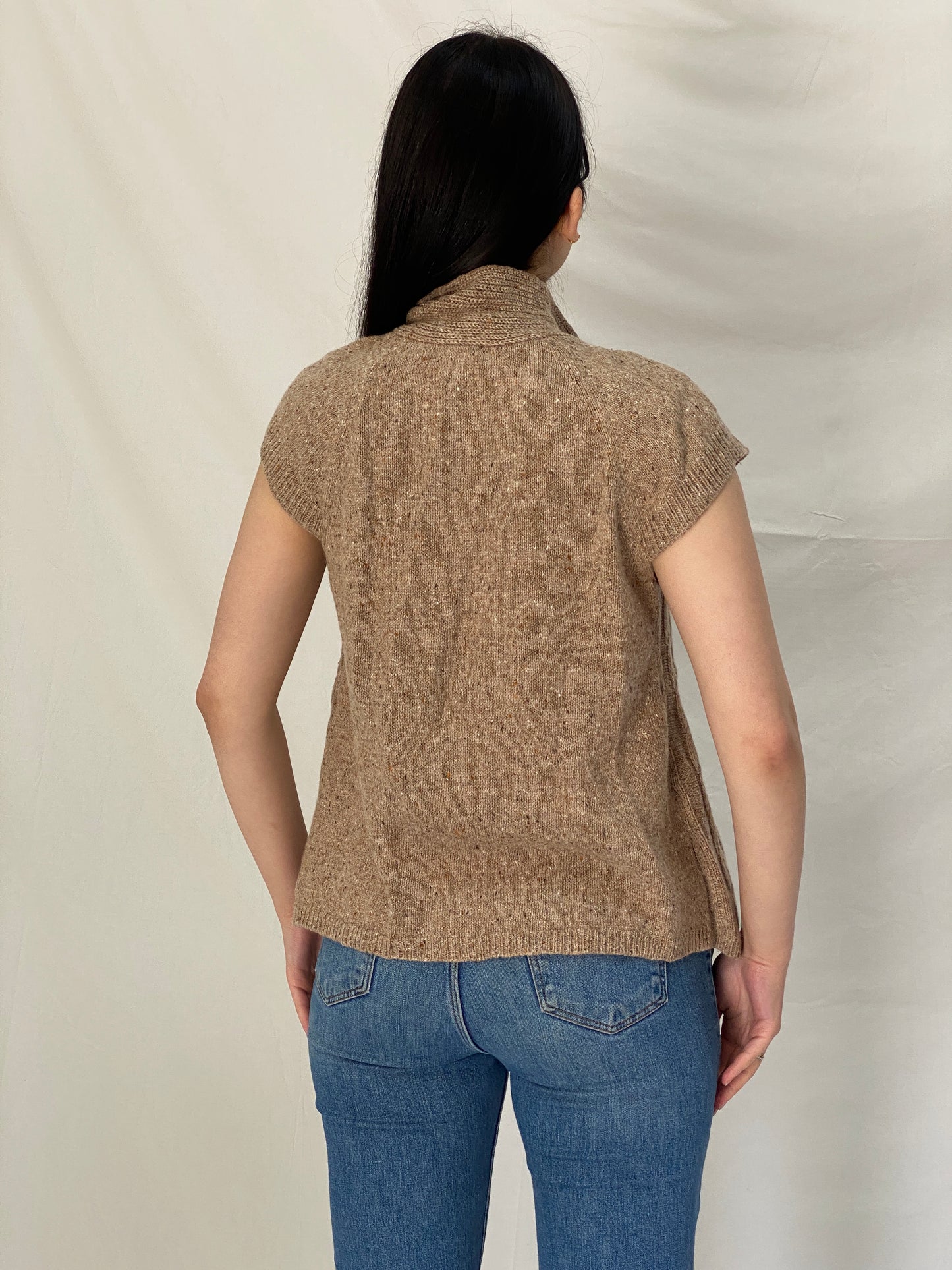 Vintage 90s JW Beige Wool Blend Cable Knit Sleeveless Turtleneck Sweater Vest - Size M