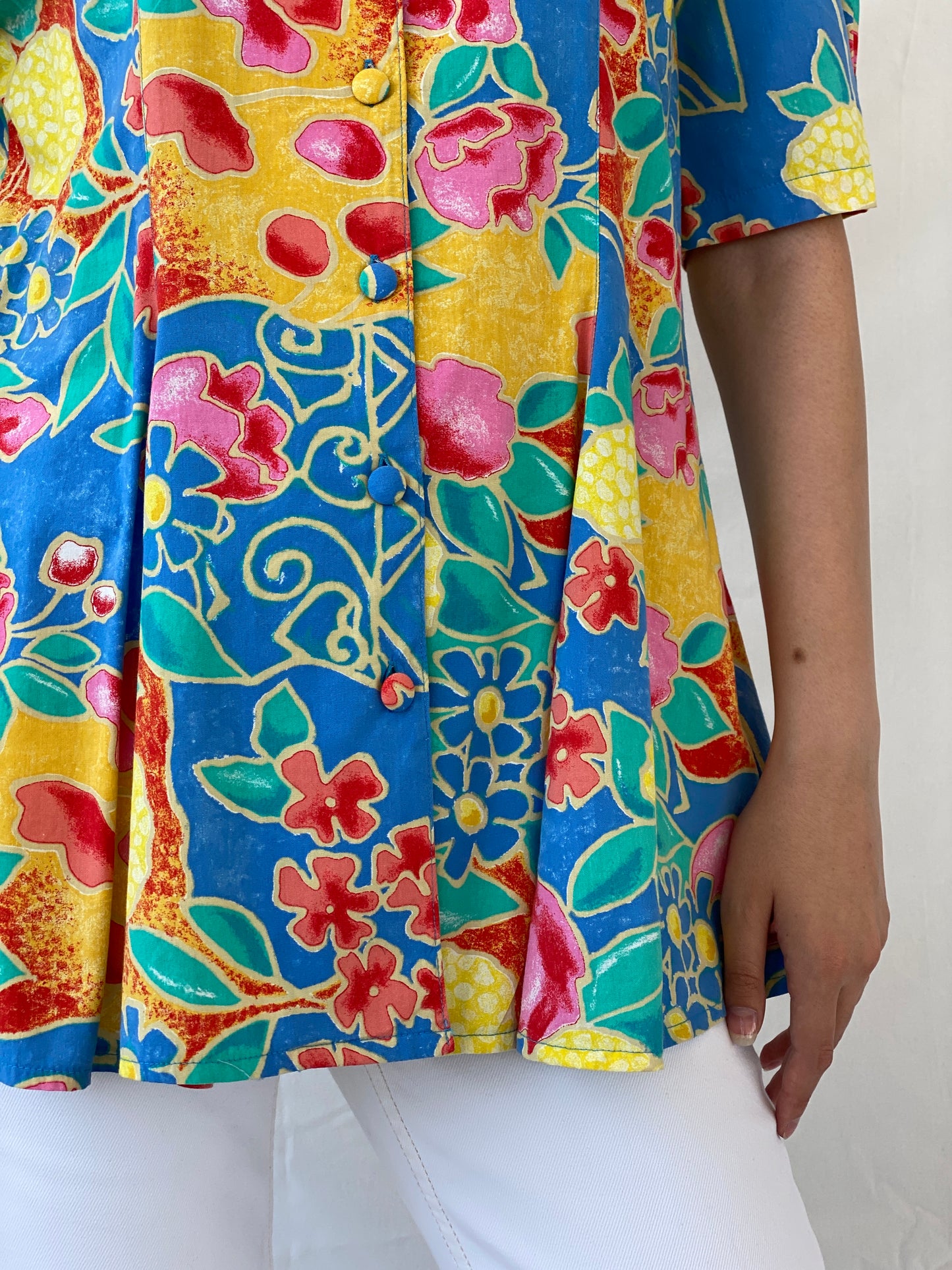 Statement Vintage Bella Donna Yellow Blue Colorful Floral Short Sleeve Women’s Shirt - L
